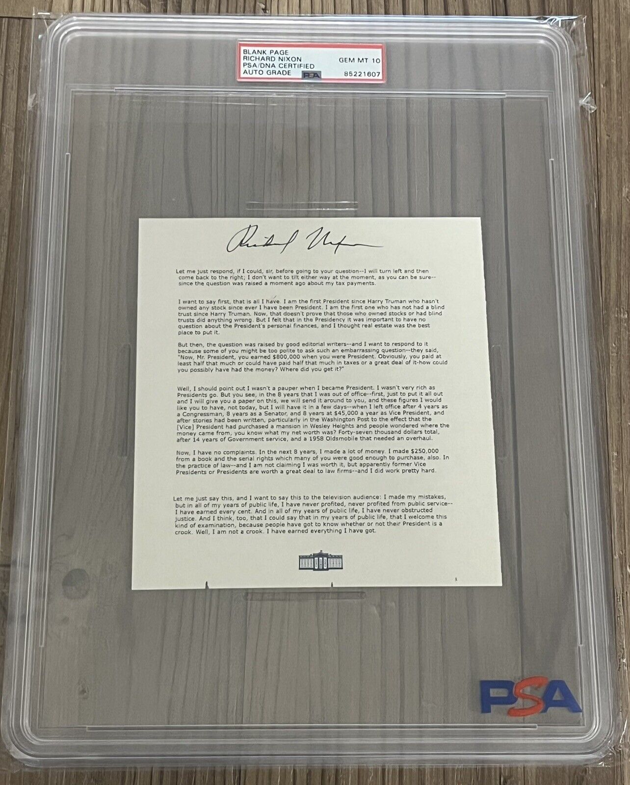 President Richard Nixon Signed "I am not a Crook" Speech Typescript PSA Gem 10