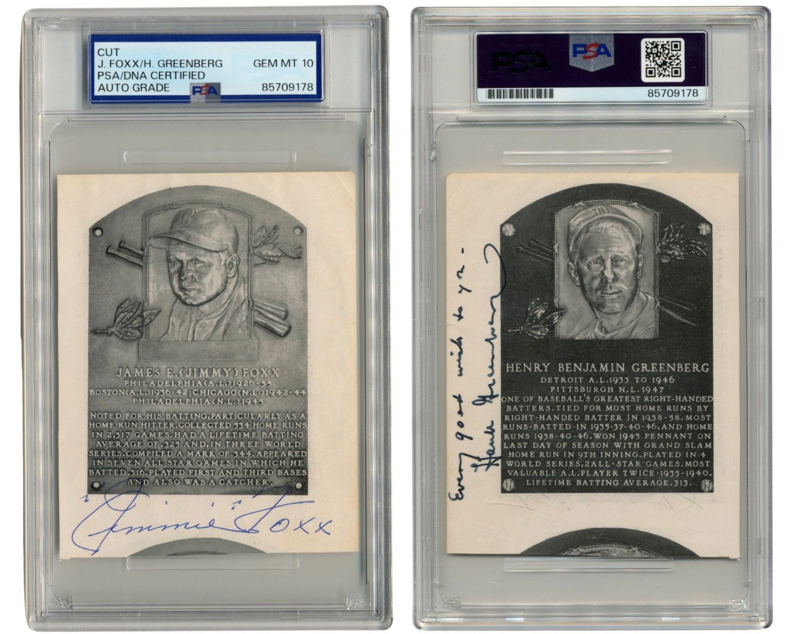 Jimmie Foxx & Hank Greenberg Signed Cut "HOF Plaque" PSA Gem Mint 10