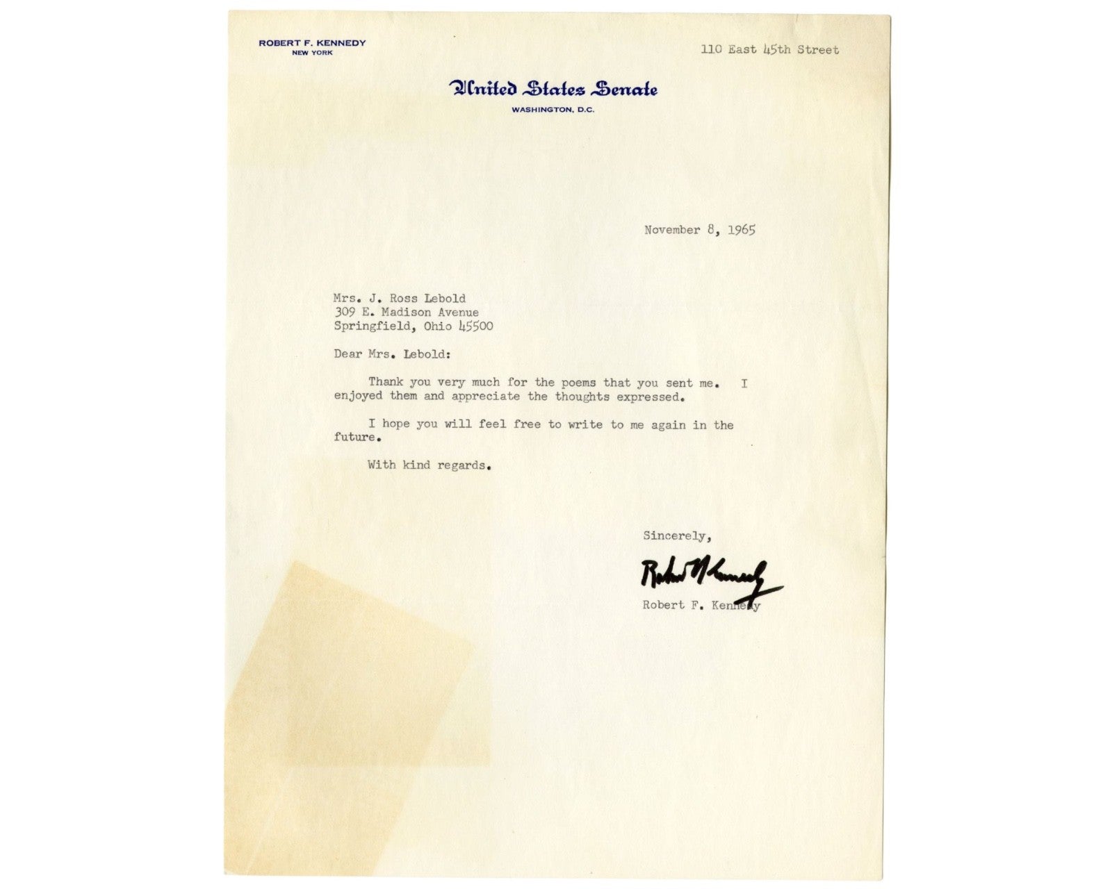 Senator Robert F. Kennedy Signed Letter Autograph JSA Bold Auto! "10 Quality?"