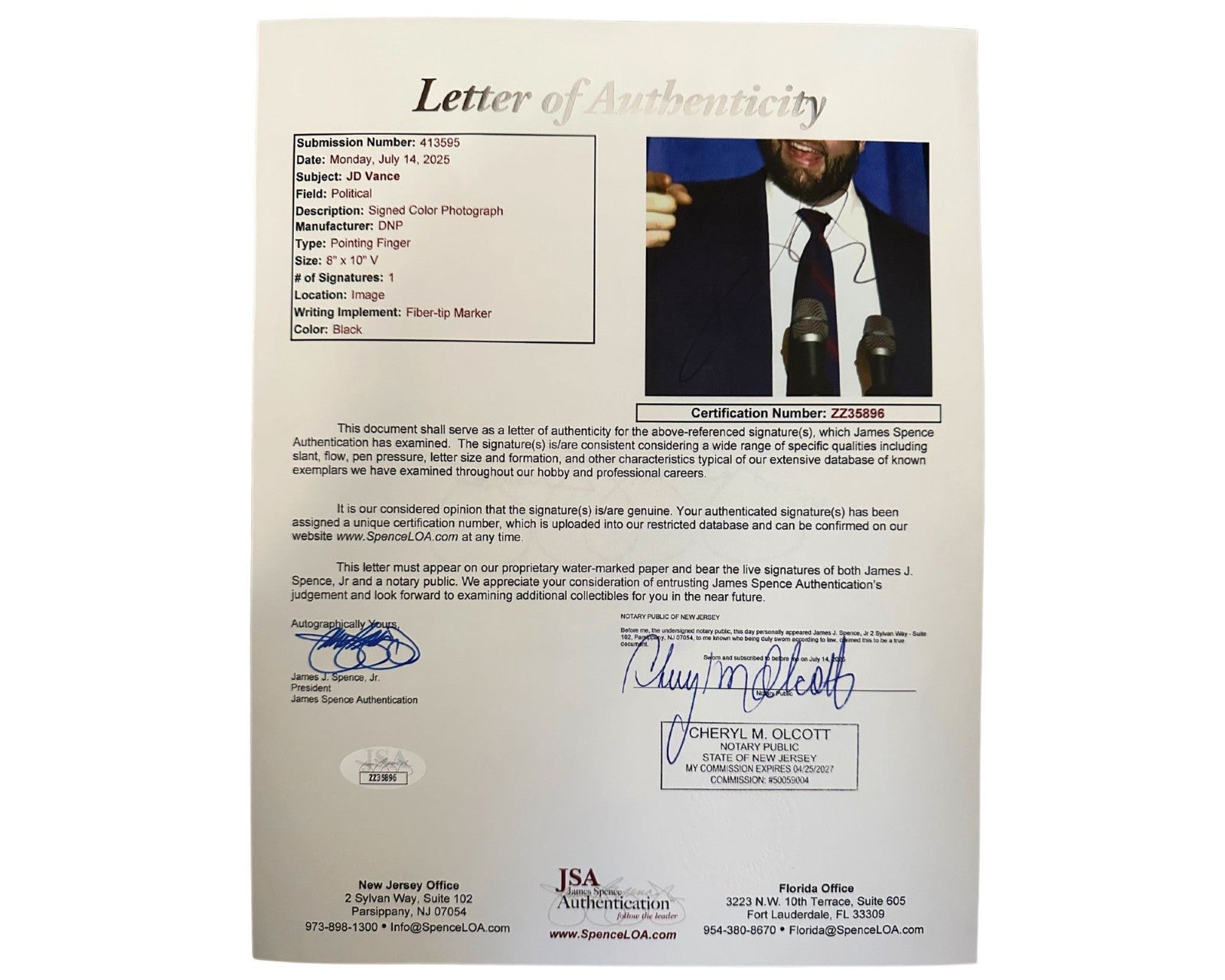 Vice President JD Vance Signed Photo - Rare Example of Trump & MAGA Heir JSA