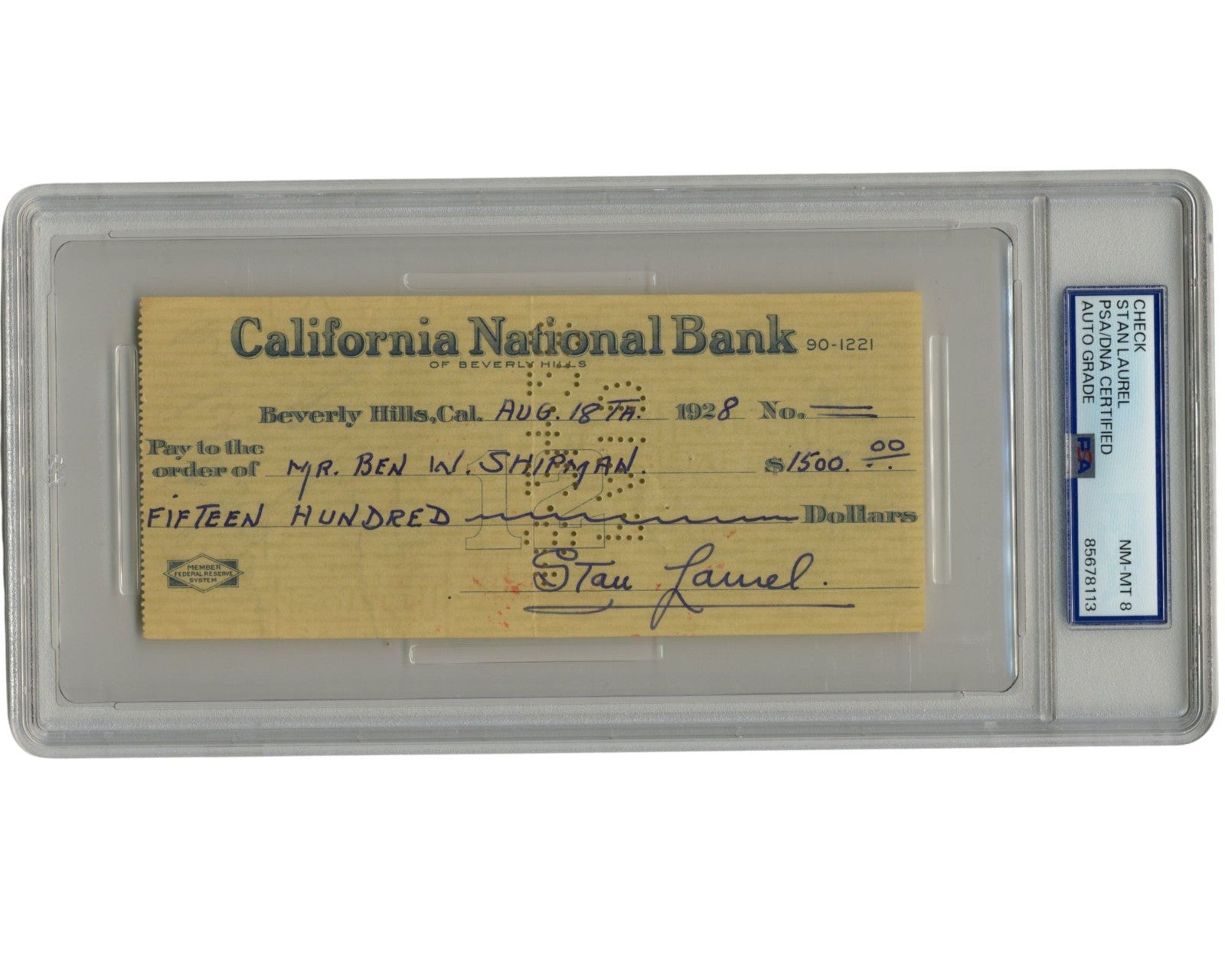 Laurel & Hardy Star Stan Laurel Bold Signed Check PSA 8