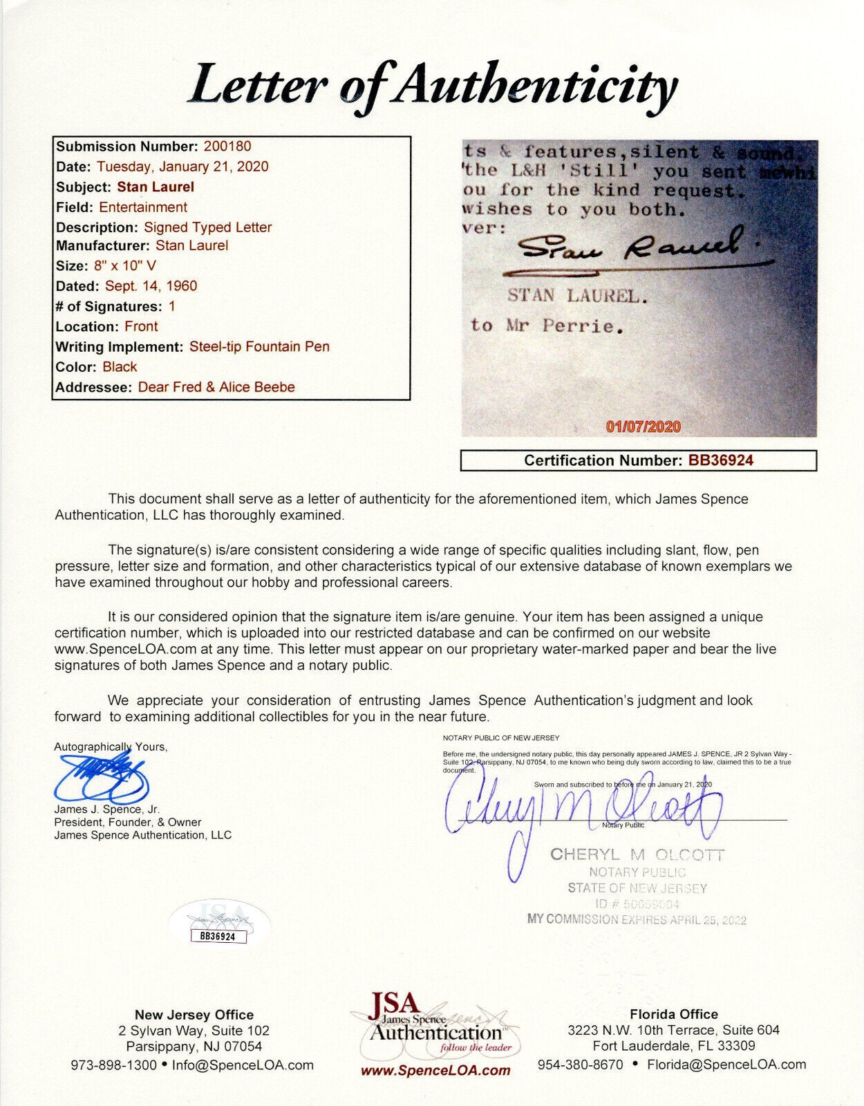 Stan Laurel Signed Letter "Way Out West, Block-heads, & A Chump at Oxford" JSA!