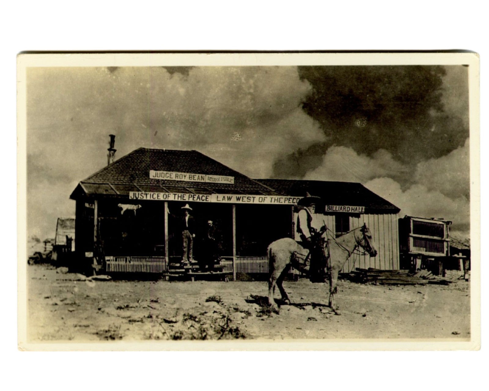 Antique RPPC Real Photo Postcard of Judge Roy Bean atop Horse at Saloon!
