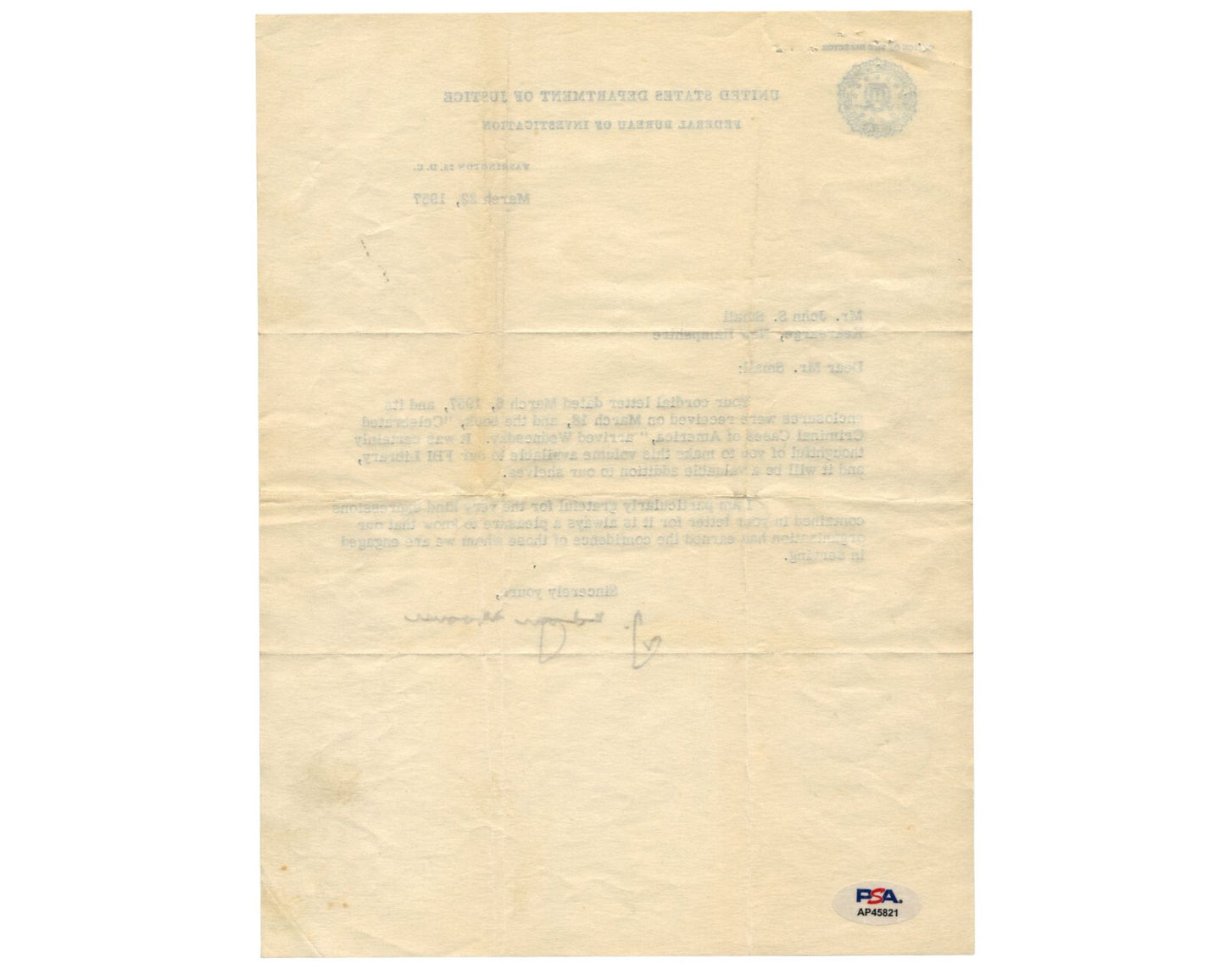 FBI Director J. Edgar Hoover Signed DOJ Letter On FBI Confidence! PSA Auto