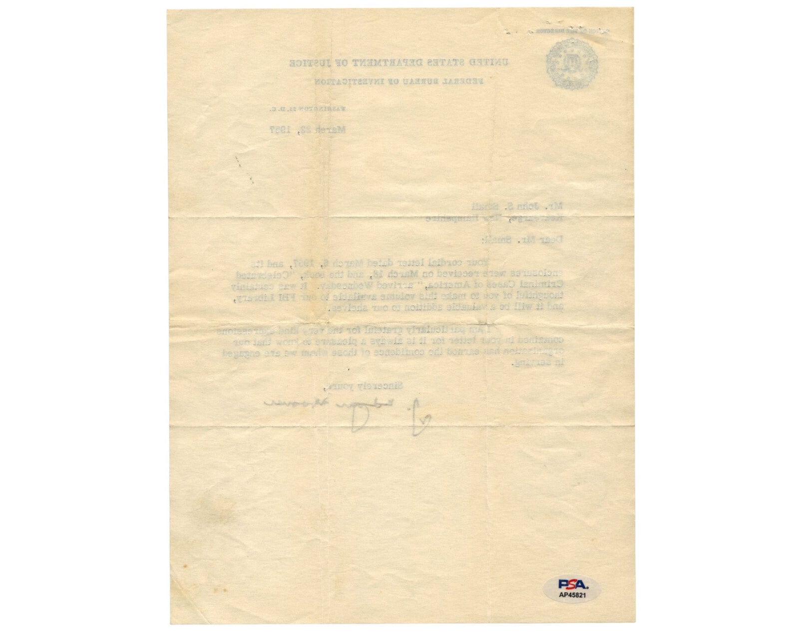 FBI Director J. Edgar Hoover Signed DOJ Letter On FBI Confidence! PSA Auto