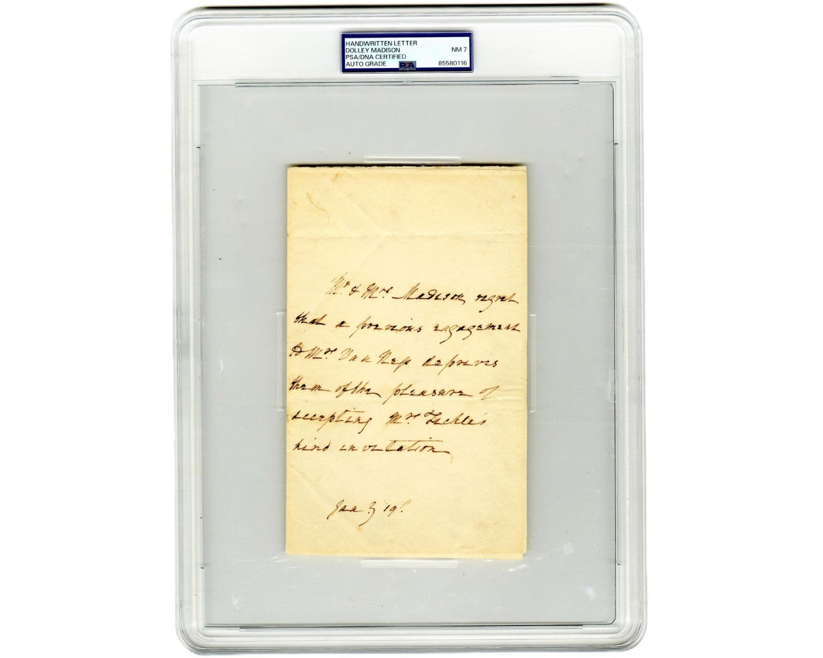 First Lady Dolley Madison Rare Signed Note Declining Invite! PSA/DNA Auto