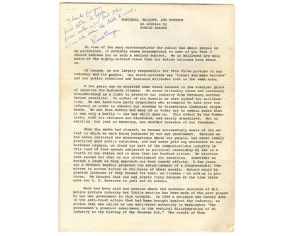President RONALD REAGAN Signed Doc. on Entertainments Role to "Resist Communism"
