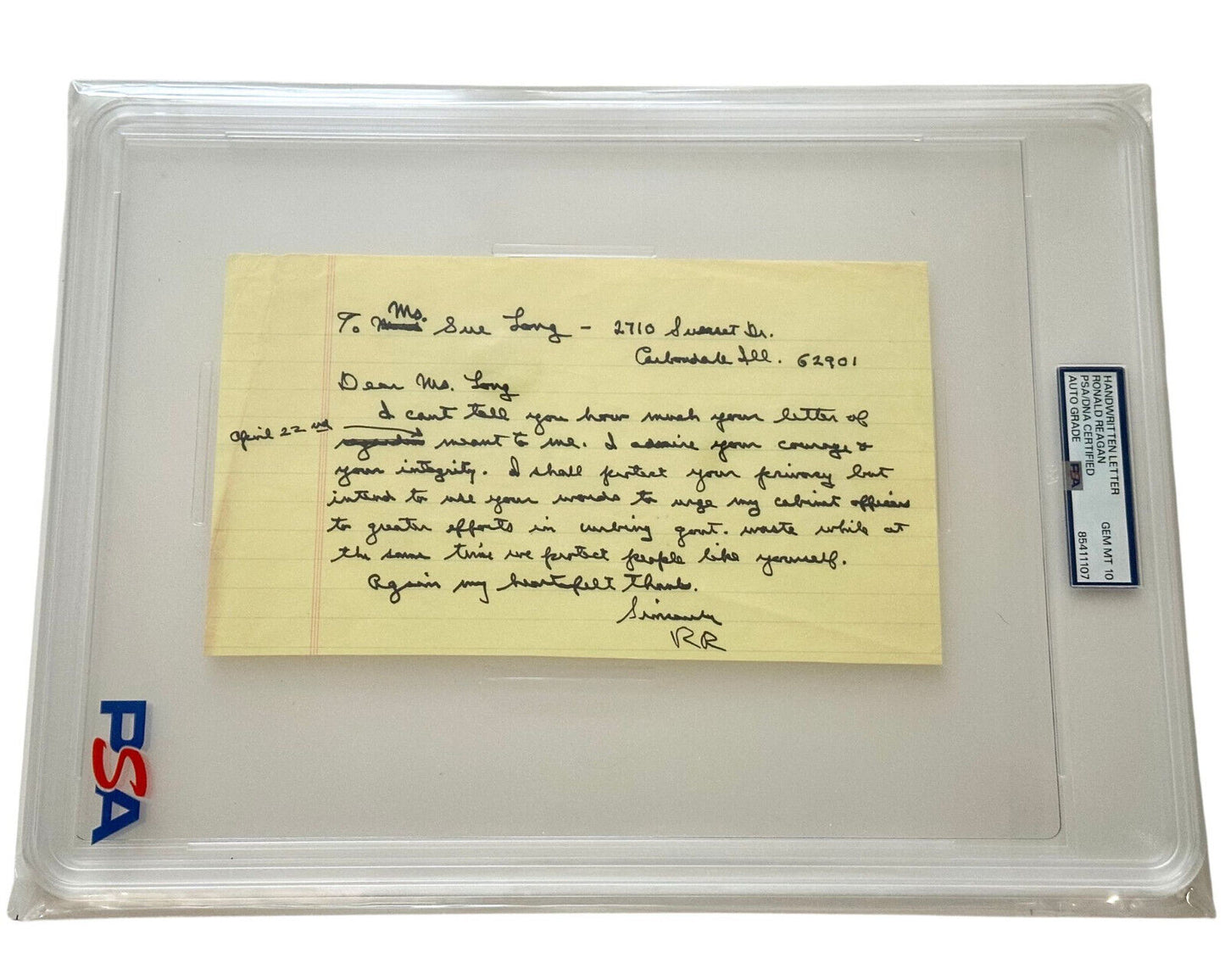 Pres. RONALD REAGAN Letter ALS PSA Gem Mint 10 Urges Cabinet To Serve & Protect