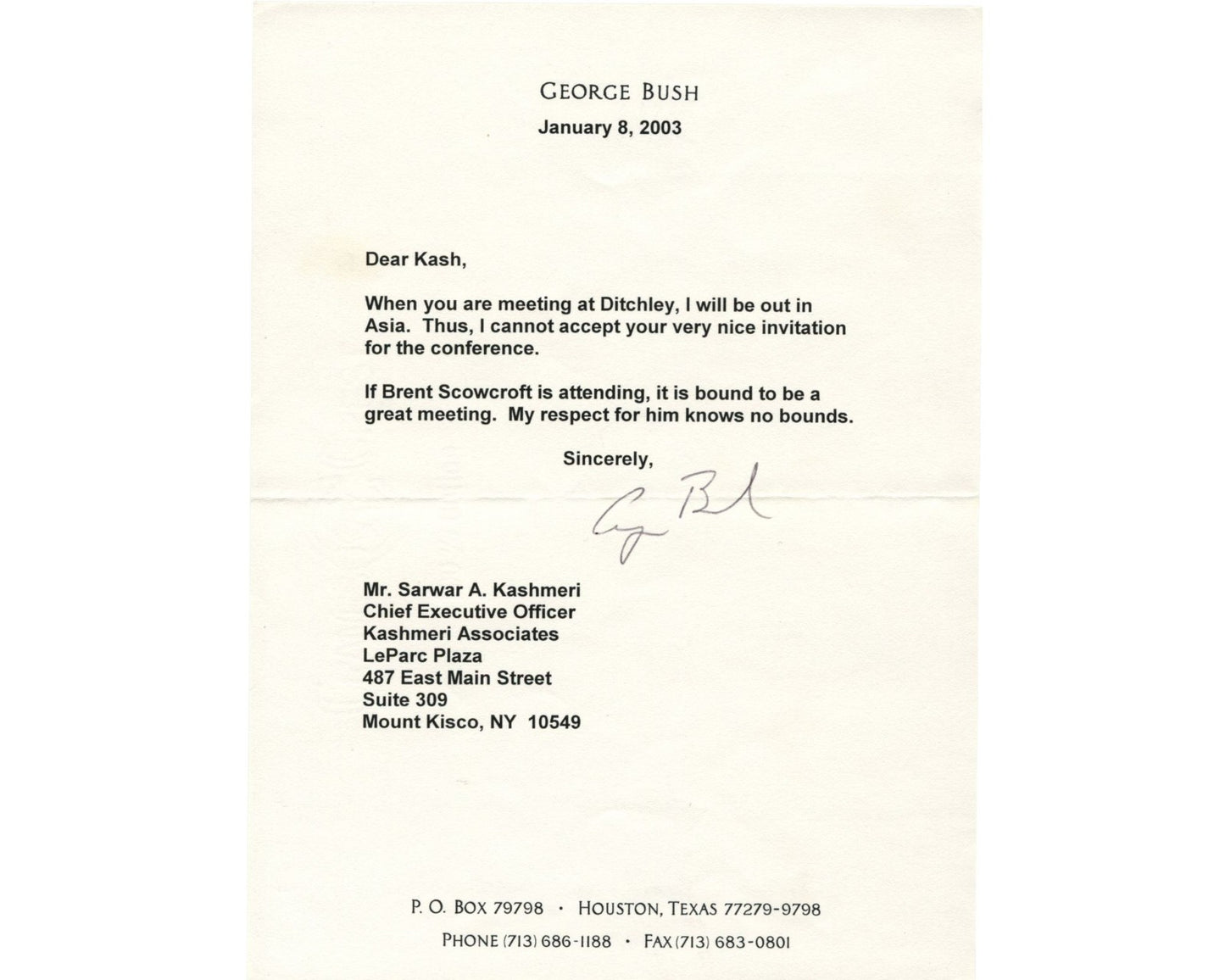 President George H.W. Bush on Scowcroft "respect...no bounds" Signed Letter PSA