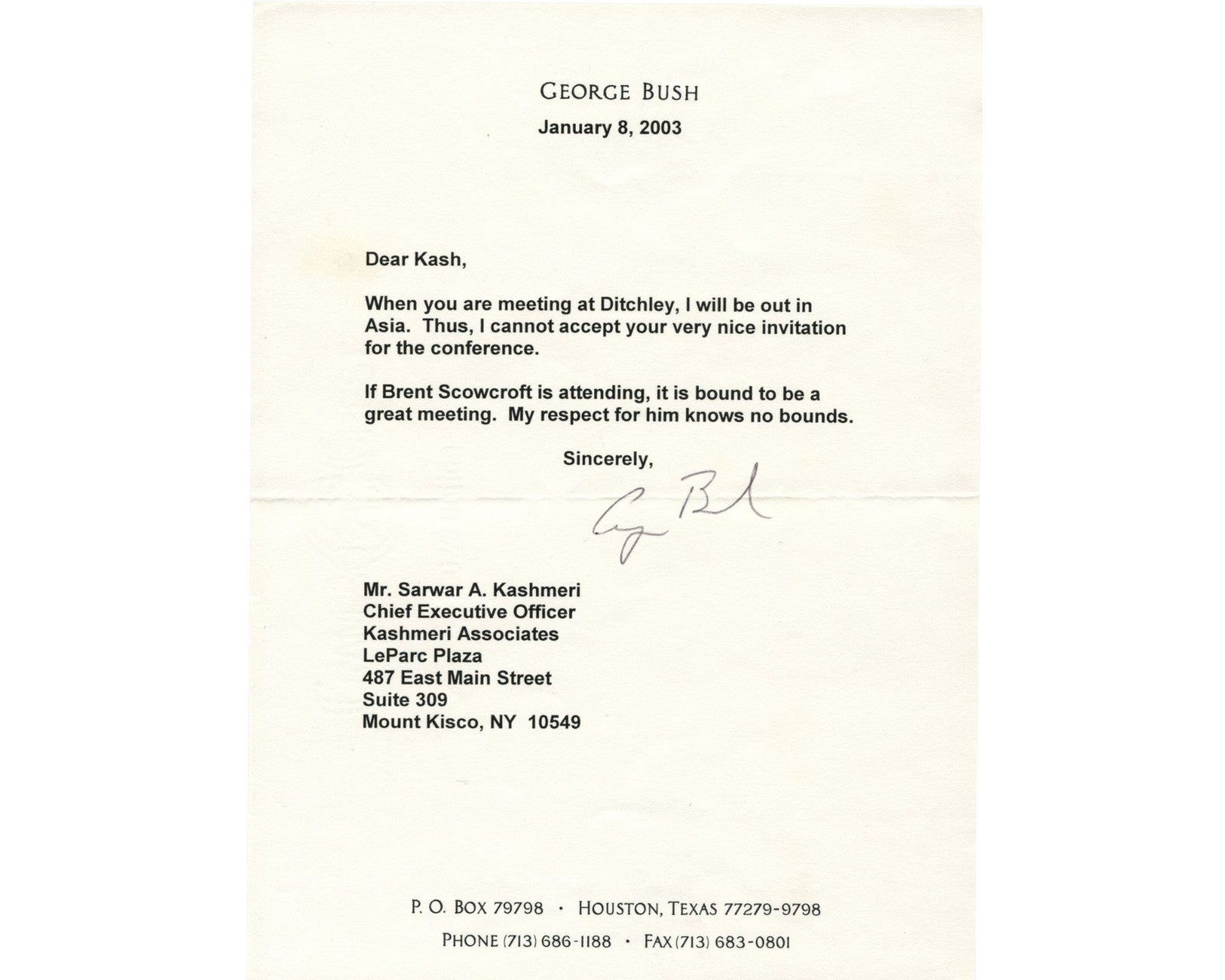 President George H.W. Bush on Scowcroft "respect...no bounds" Signed Letter PSA