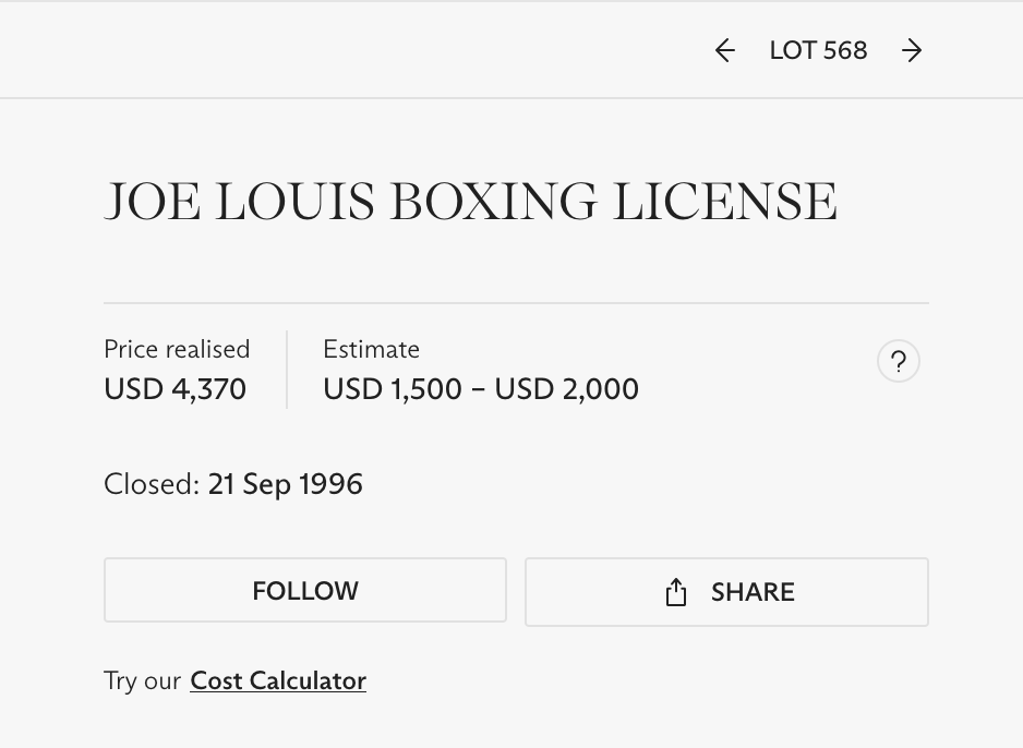 1951 Joe Louis NY Boxing License from Final Year of Career. Prov: Christies 1996