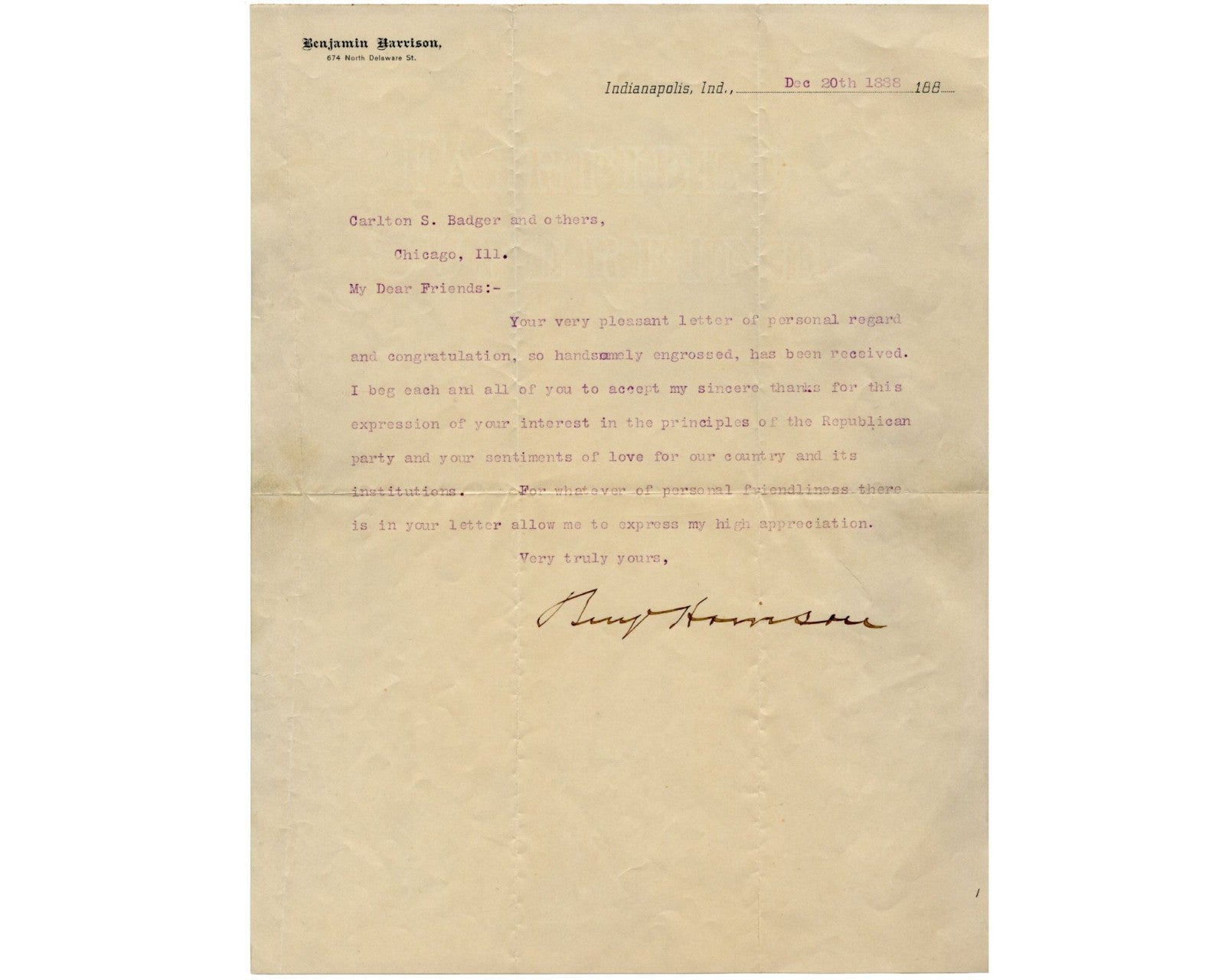 Fantastic Benjamin Harrison Signed Letter as President - Elect PSA Bold Auto!