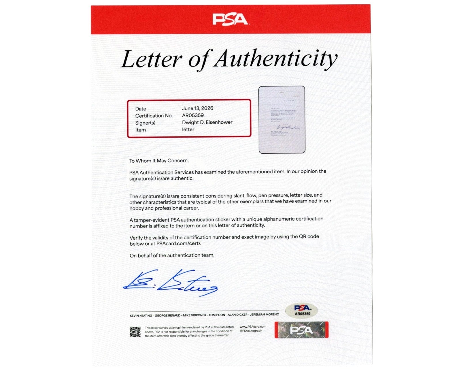 Dwight Eisenhower Signed Letter to US Steel Exec. on Military Prints! PSA