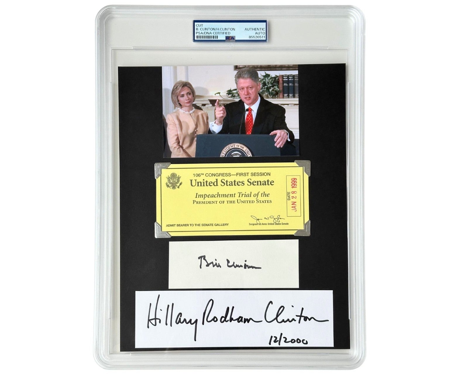 Pres. Bill Clinton & Hillary Clinton Signed Display w/ Impeachment Ticket! PSA
