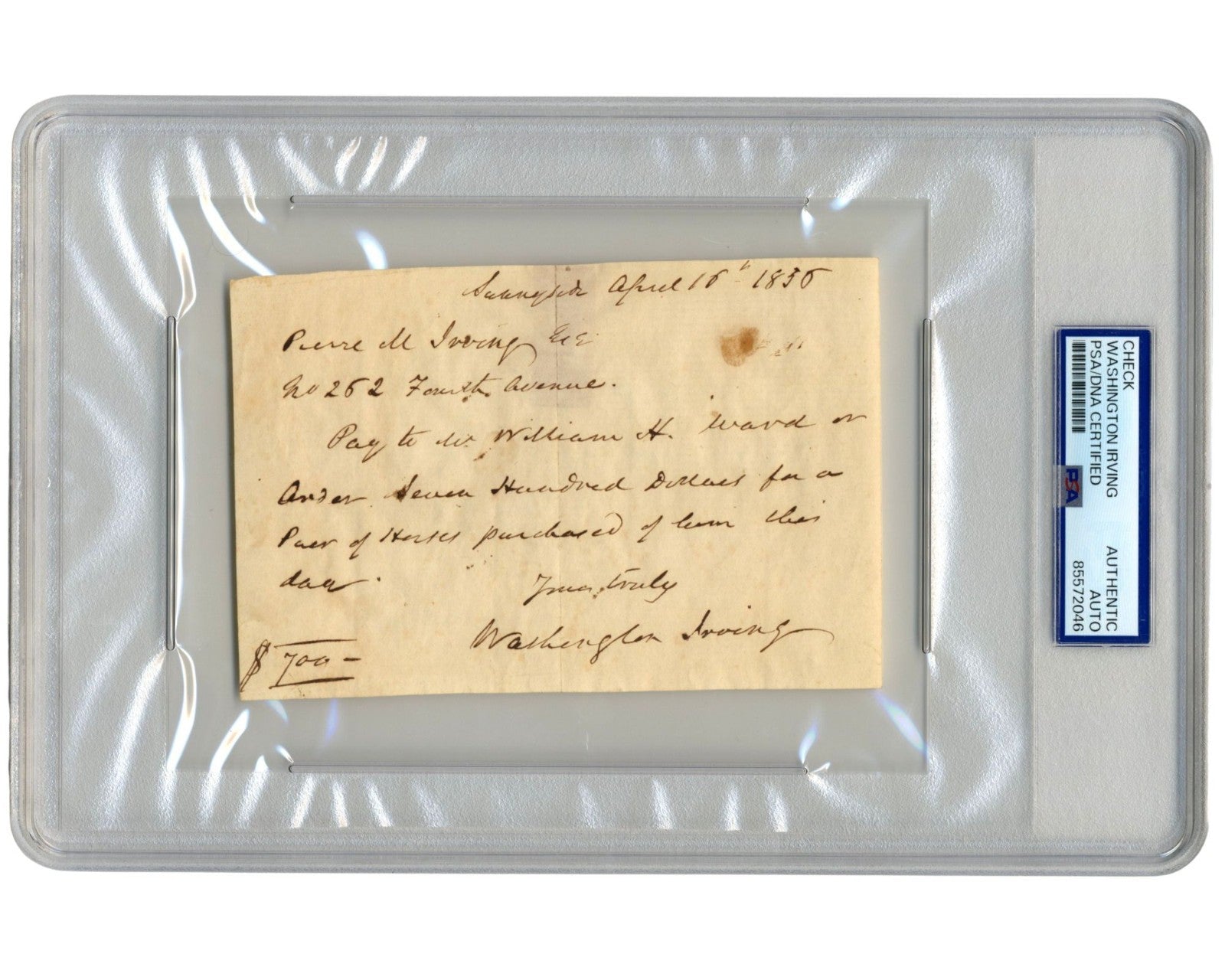 Sleepy Hollow's Washington Irving Signed Check Buying Horses! Headless? PSA