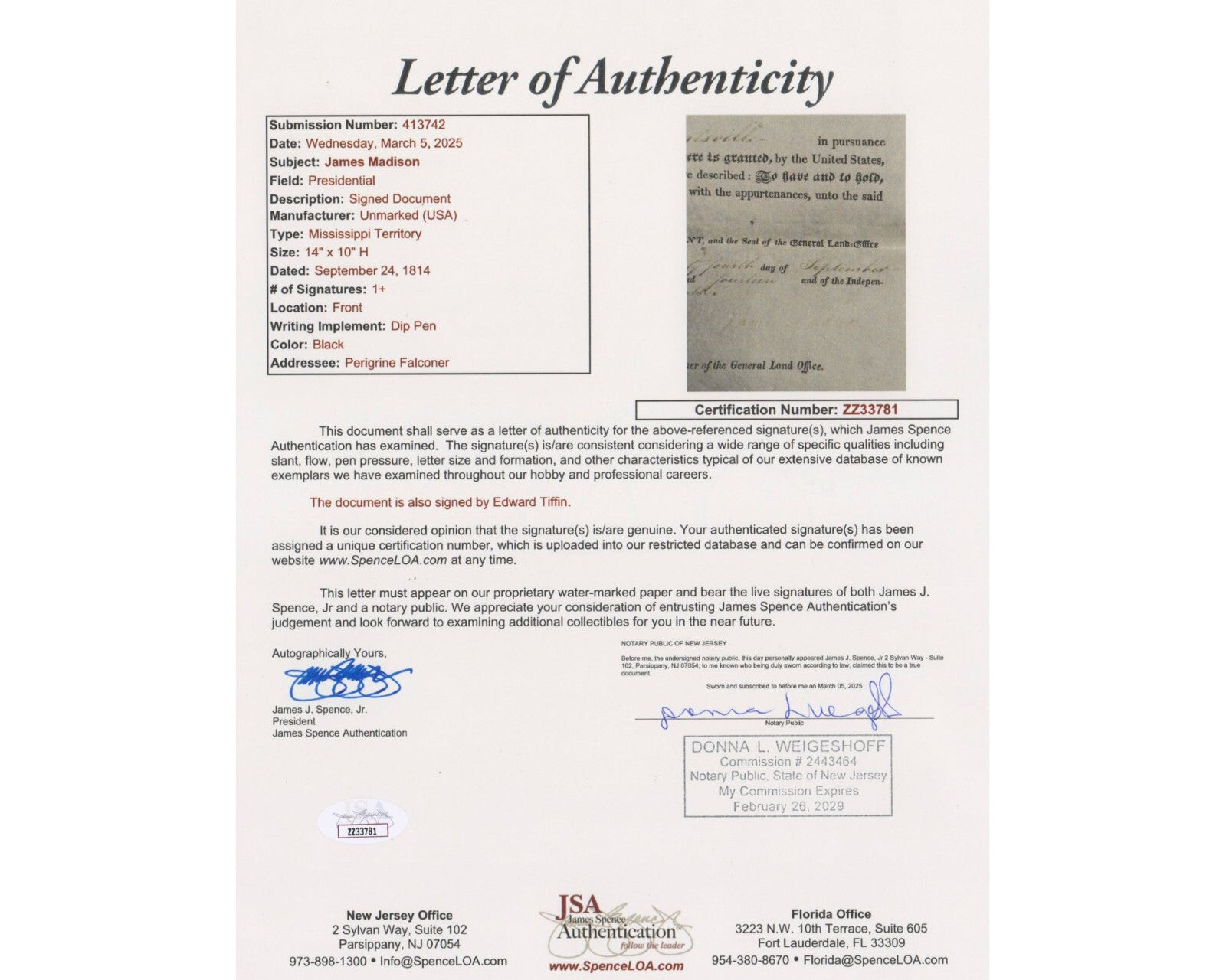 President JAMES MADISON Signed Mississippi / Alabama Land Grant JSA Auto