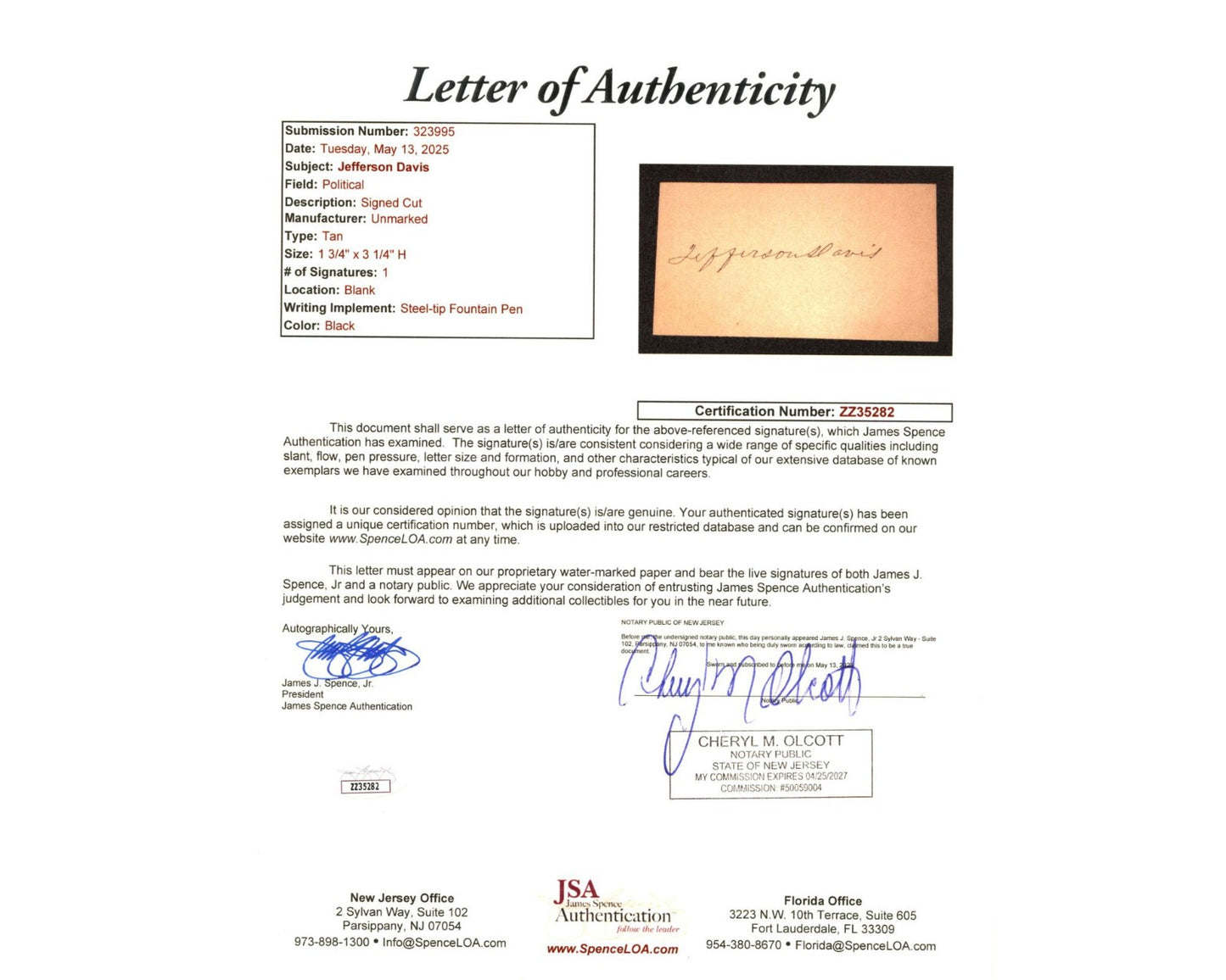 Confederate President JEFFERSON DAVIS Gorgeous Signed Cut JSA LOA Auto