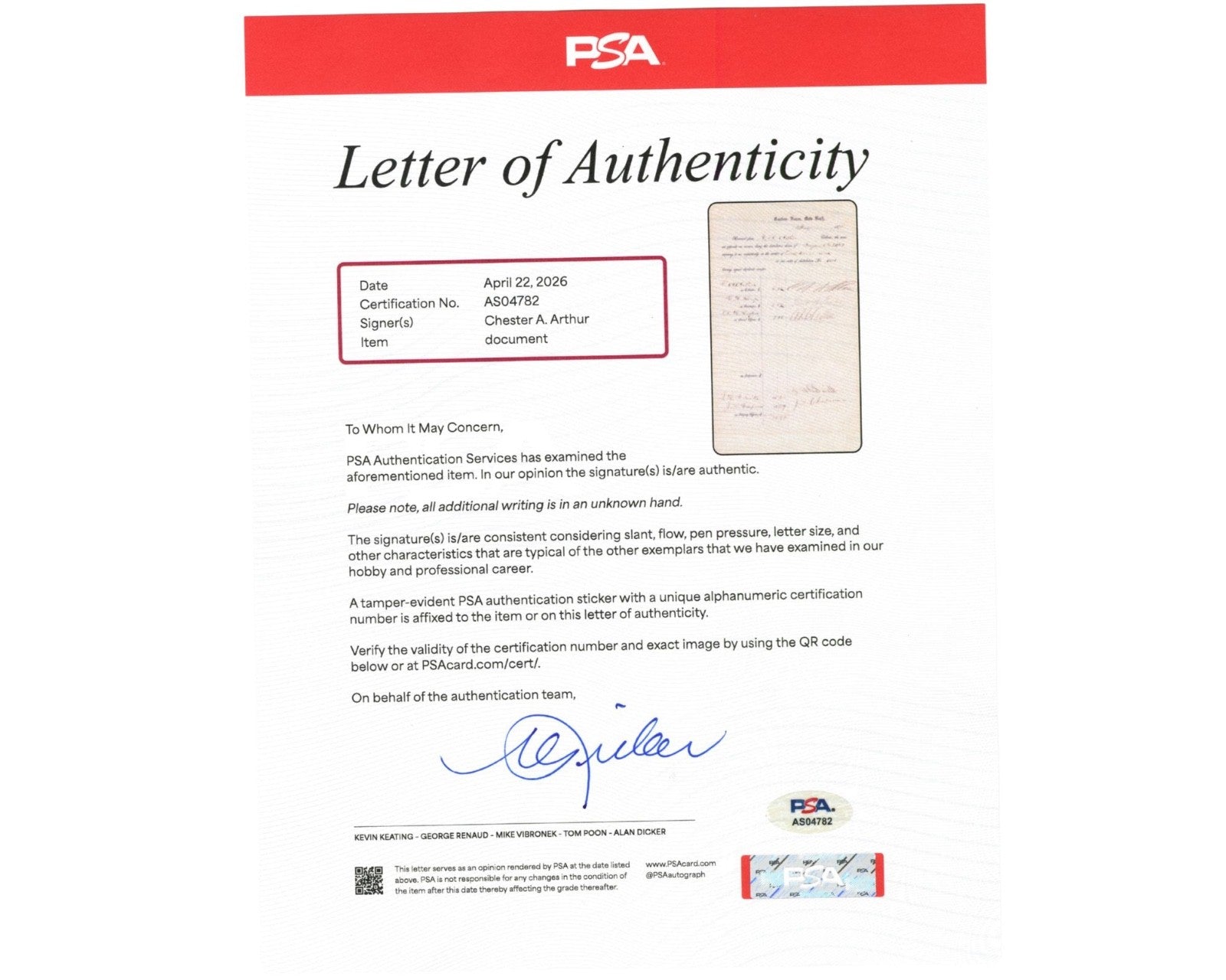 President Chester Arthur Signed NY Customs Document PSA/DNA Auto