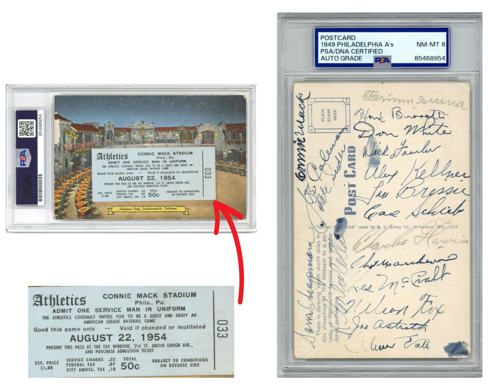 1949 Connie Mack, Nellie Fox, & 16 Philadelphia A's Signed Postcard PSA 8 Auto