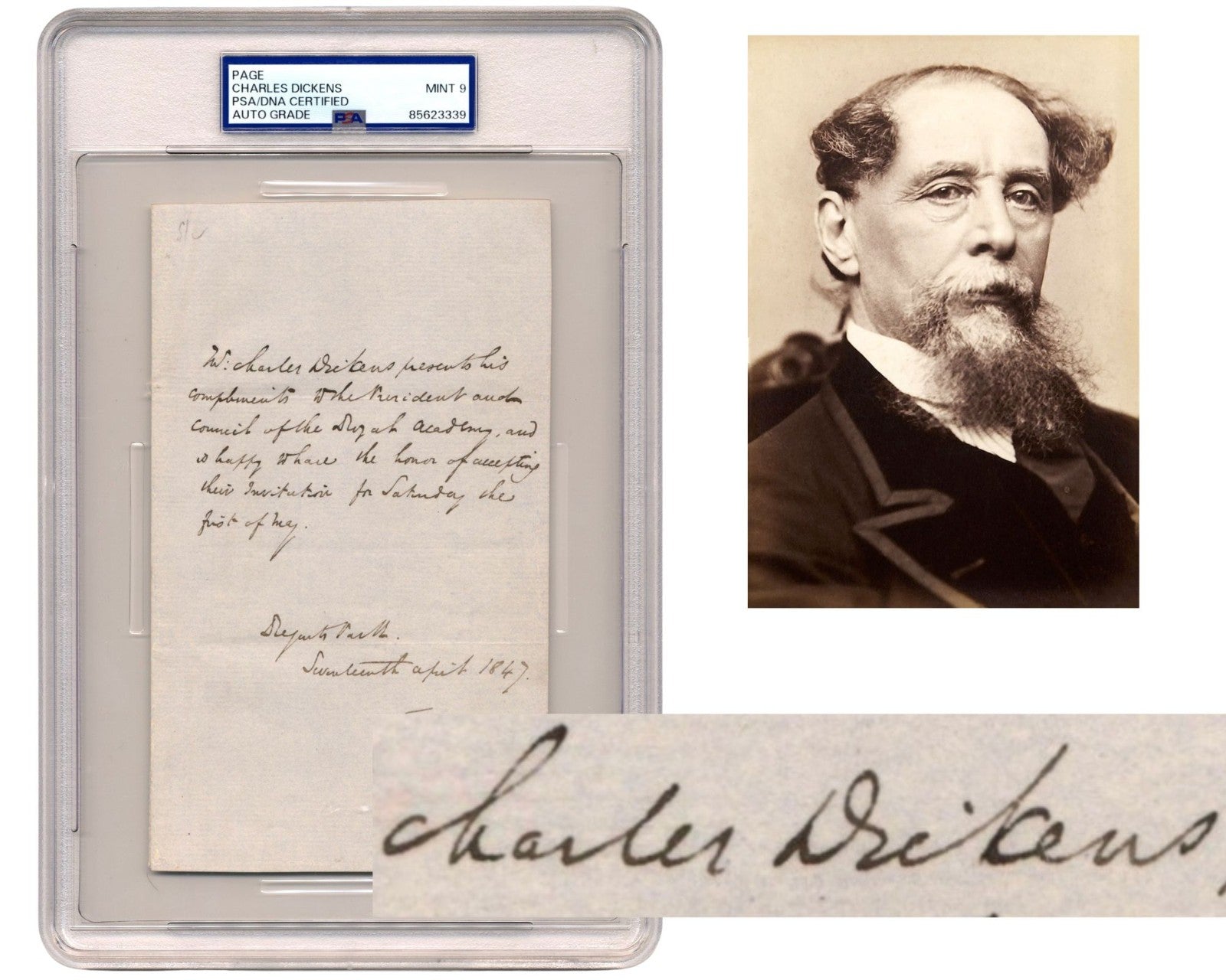 Charles Dickens Accepts Royal Academy of Arts Invite In Signed Letter PSA Mint 9