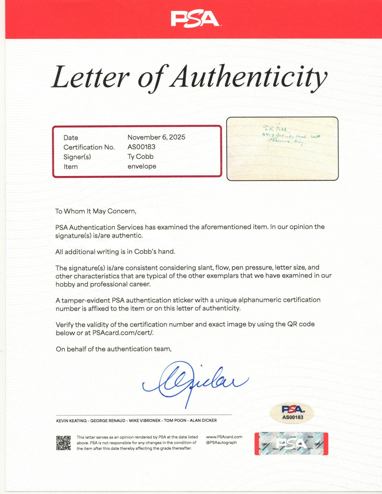 Ty Cobb Signed Envelope Addressed to North Carolina PSA & BAS (Beckett) Auto