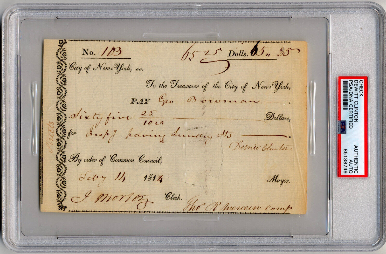Dewitt Clinton Signed Treasury Check PSA. NYC Mayor & Governor! Ran 4 President!
