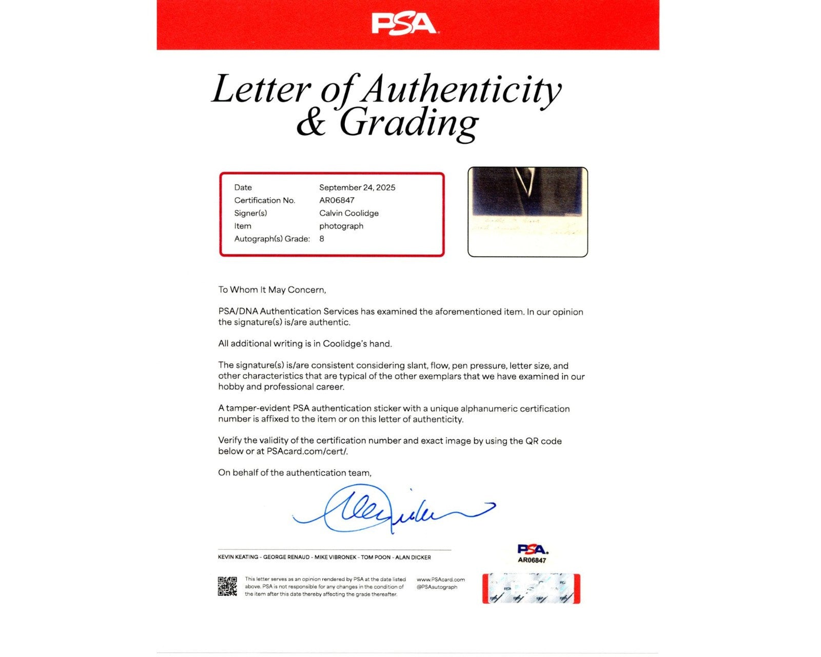 President Calvin Coolidge Signed Harris & Ewing Portrait PSA 8 Auto