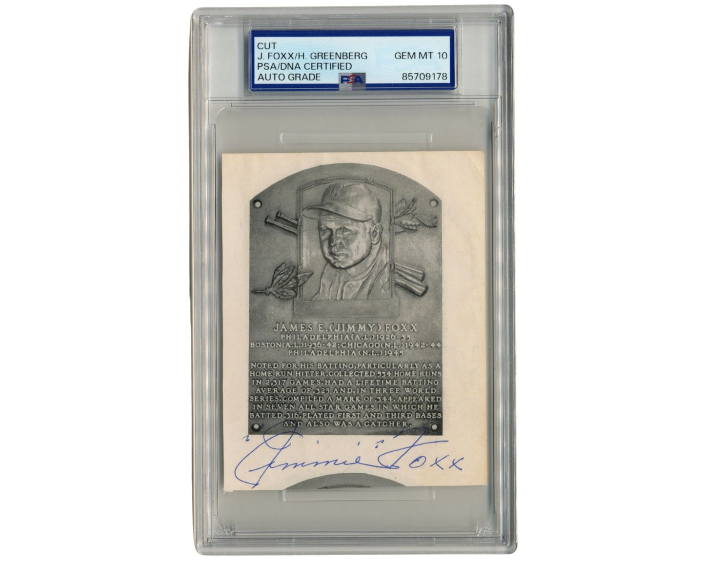 Jimmie Foxx & Hank Greenberg Signed Cut "HOF Plaque" PSA Gem Mint 10