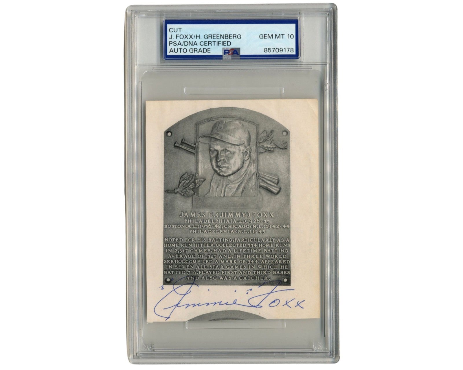 Jimmie Foxx & Hank Greenberg Signed Cut "HOF Plaque" PSA Gem Mint 10