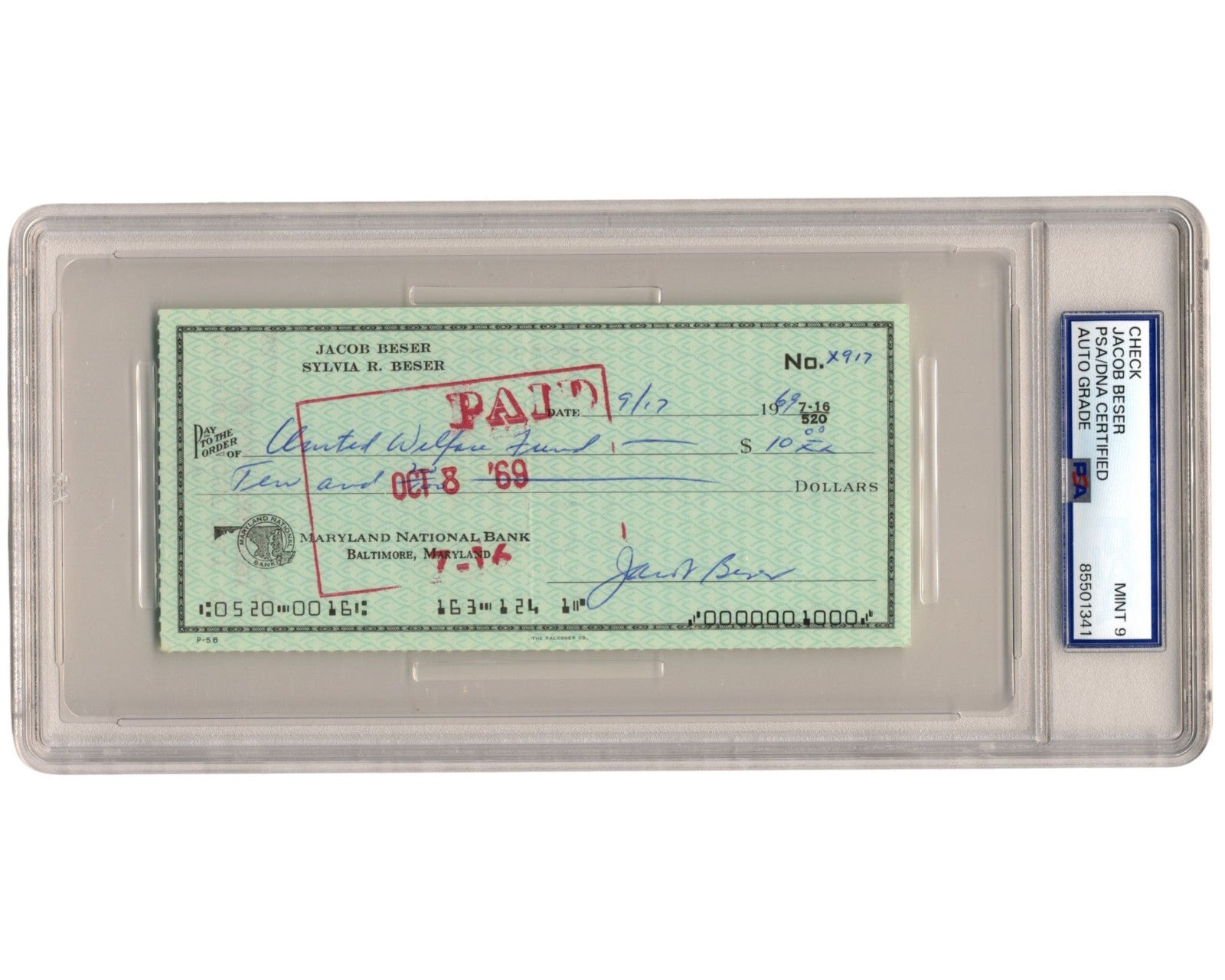 Enola Gay Radar Specialist Jacob Beser Signed Check PSA Mint 9 WWII