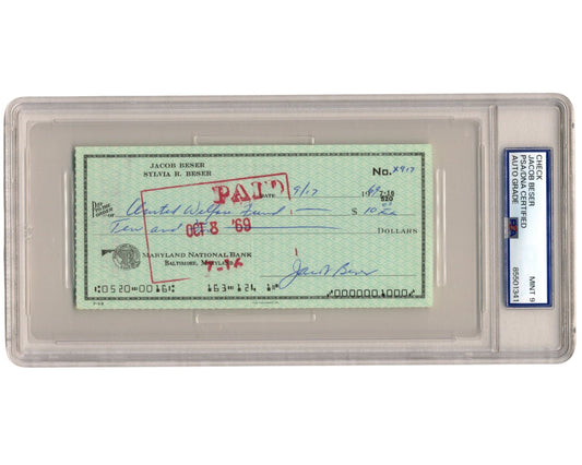 Enola Gay Radar Specialist Jacob Beser Signed Check PSA Mint 9 WWII