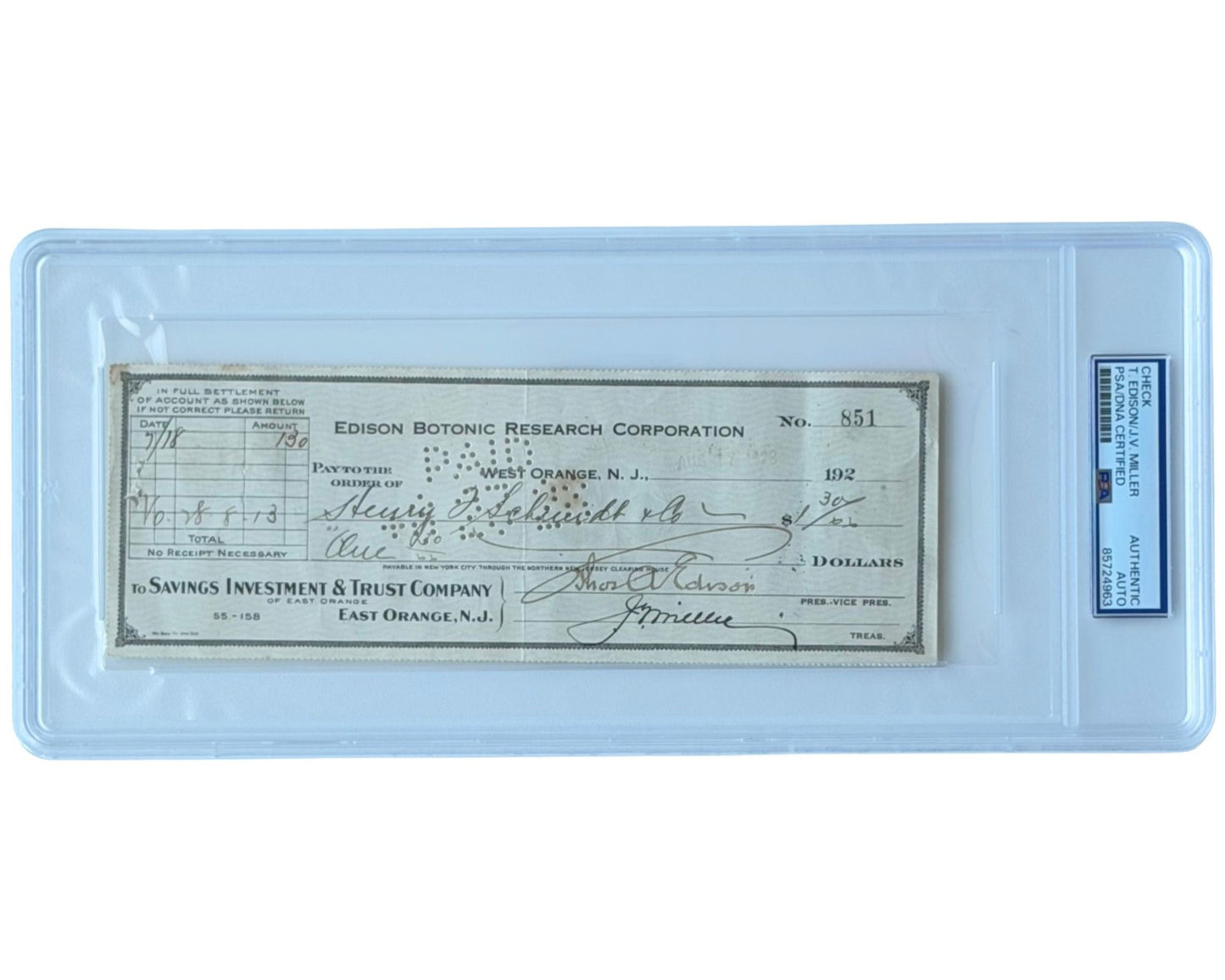 Inventor of the Light Bulb Thomas Edison Boldly Signed Check PSA Auto