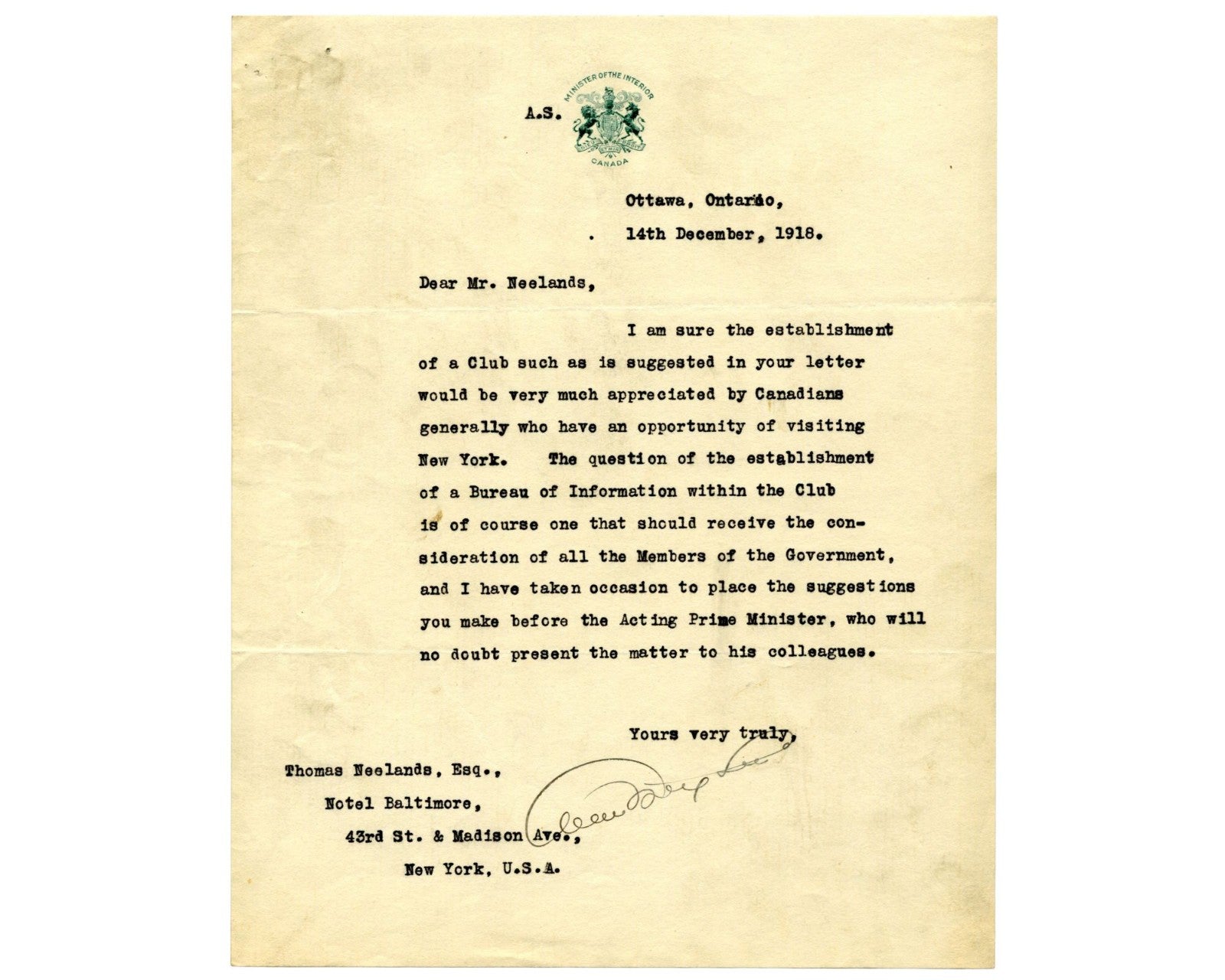 Canada Prime Minister ARTHUR MEIGHEN on NY Canadian Club Proposal - VERY RARE!