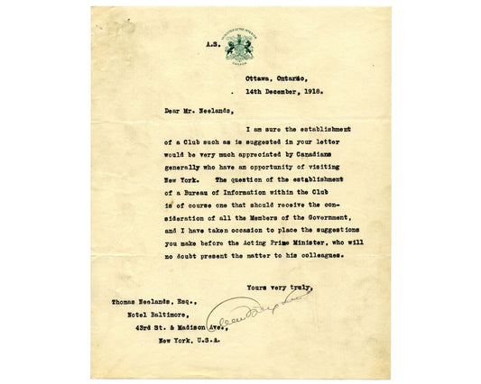 Canada Prime Minister ARTHUR MEIGHEN on NY Canadian Club Proposal - VERY RARE!