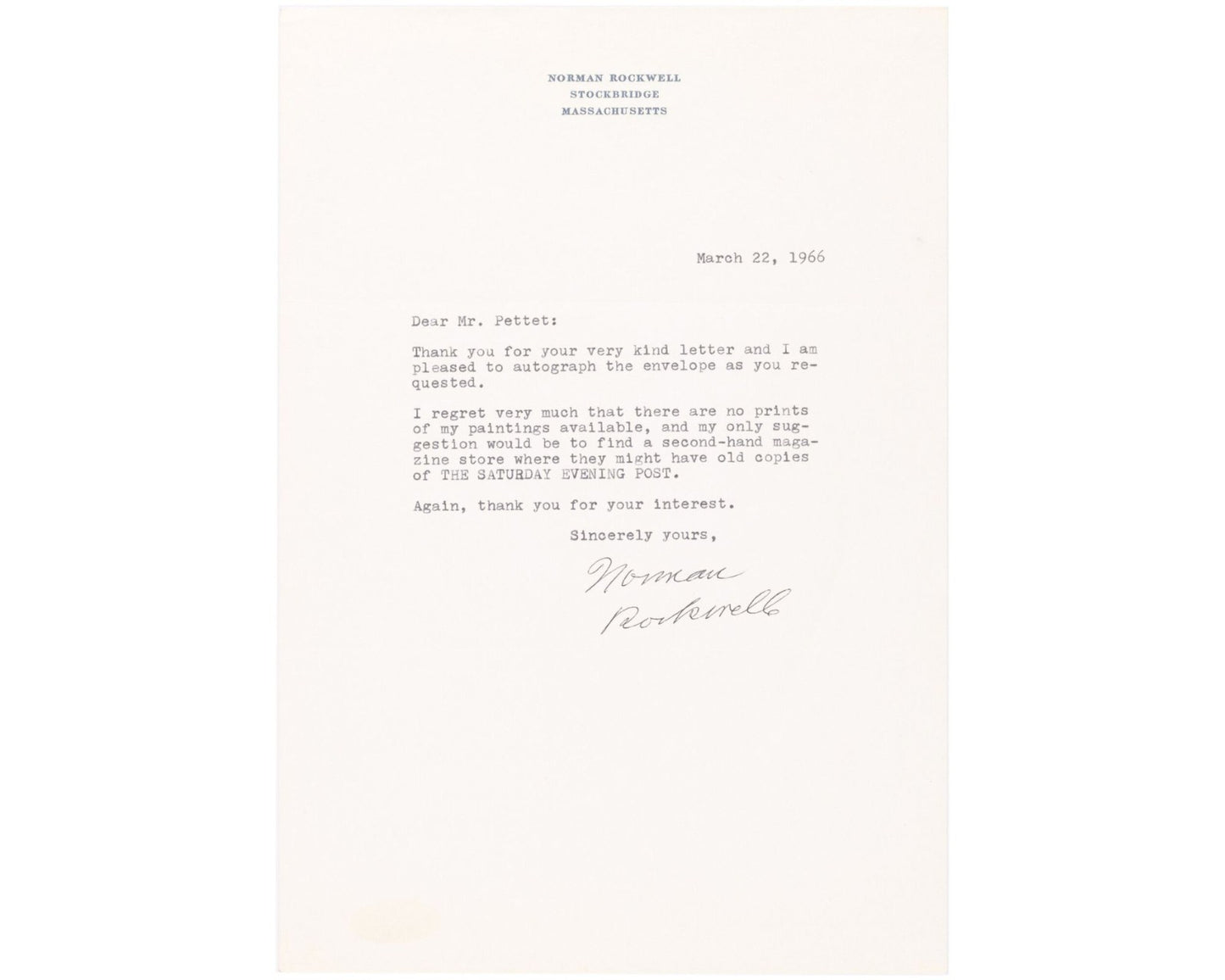 Norman Rockwell Signed Typed Letter "no prints of my paintings available"  JSA!