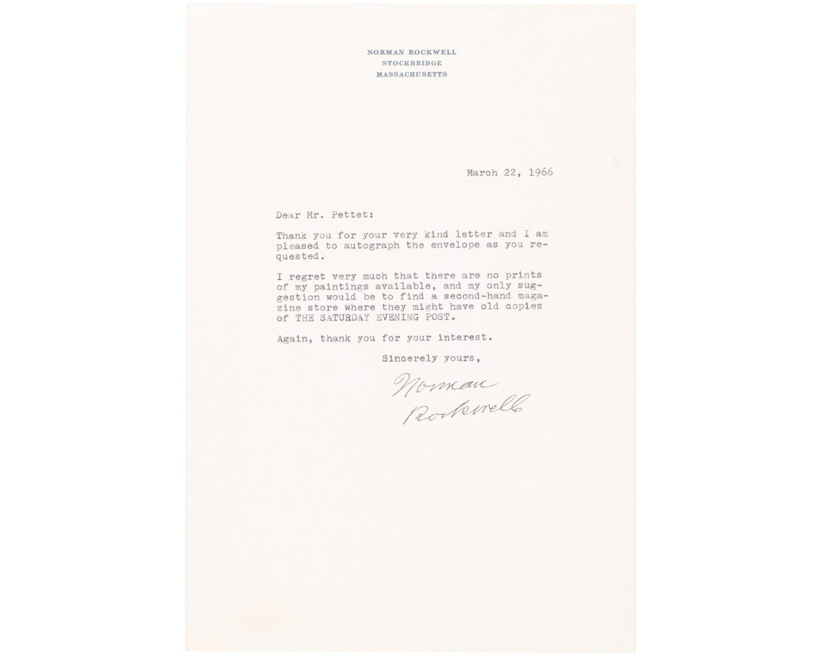Norman Rockwell Signed Typed Letter "no prints of my paintings available"  JSA!