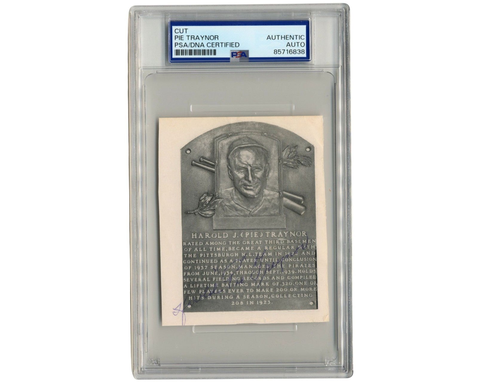 Pirates' Pie Traynor Signed HOF Plaque Cut PSA Auto