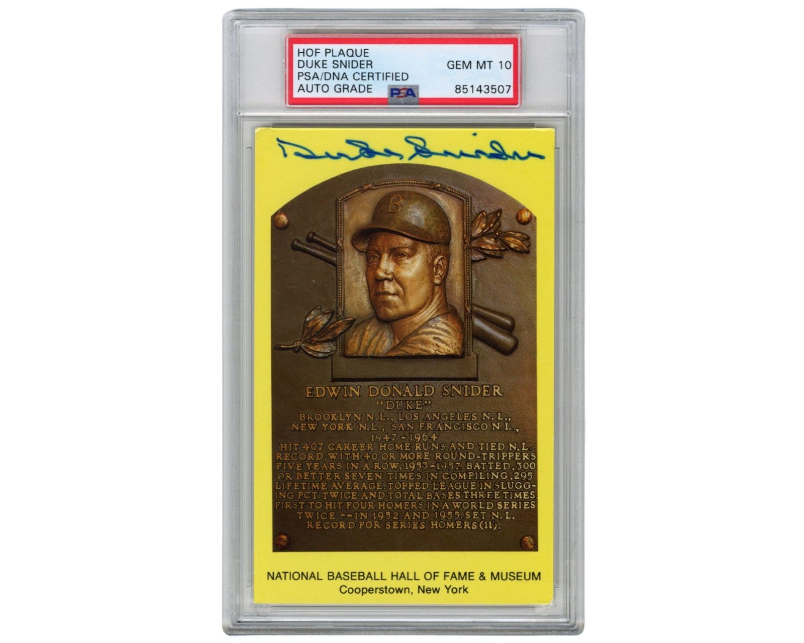 Dodgers Icon Duke Snider Signed HOF Postcard PSA Gem Mint 10 Auto