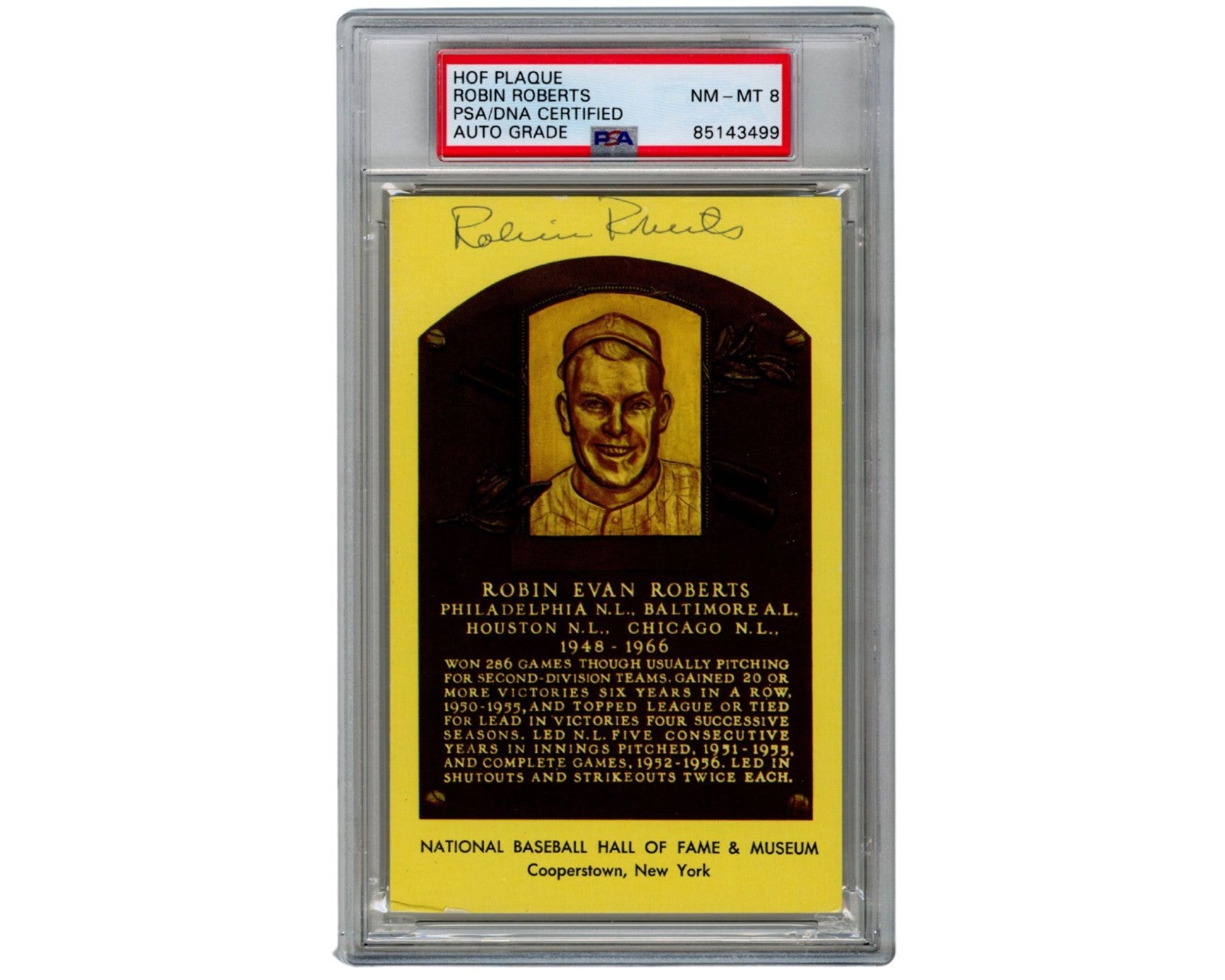 Phillies Icon Robin Roberts Signed HOF Postcard PSA 8 Auto