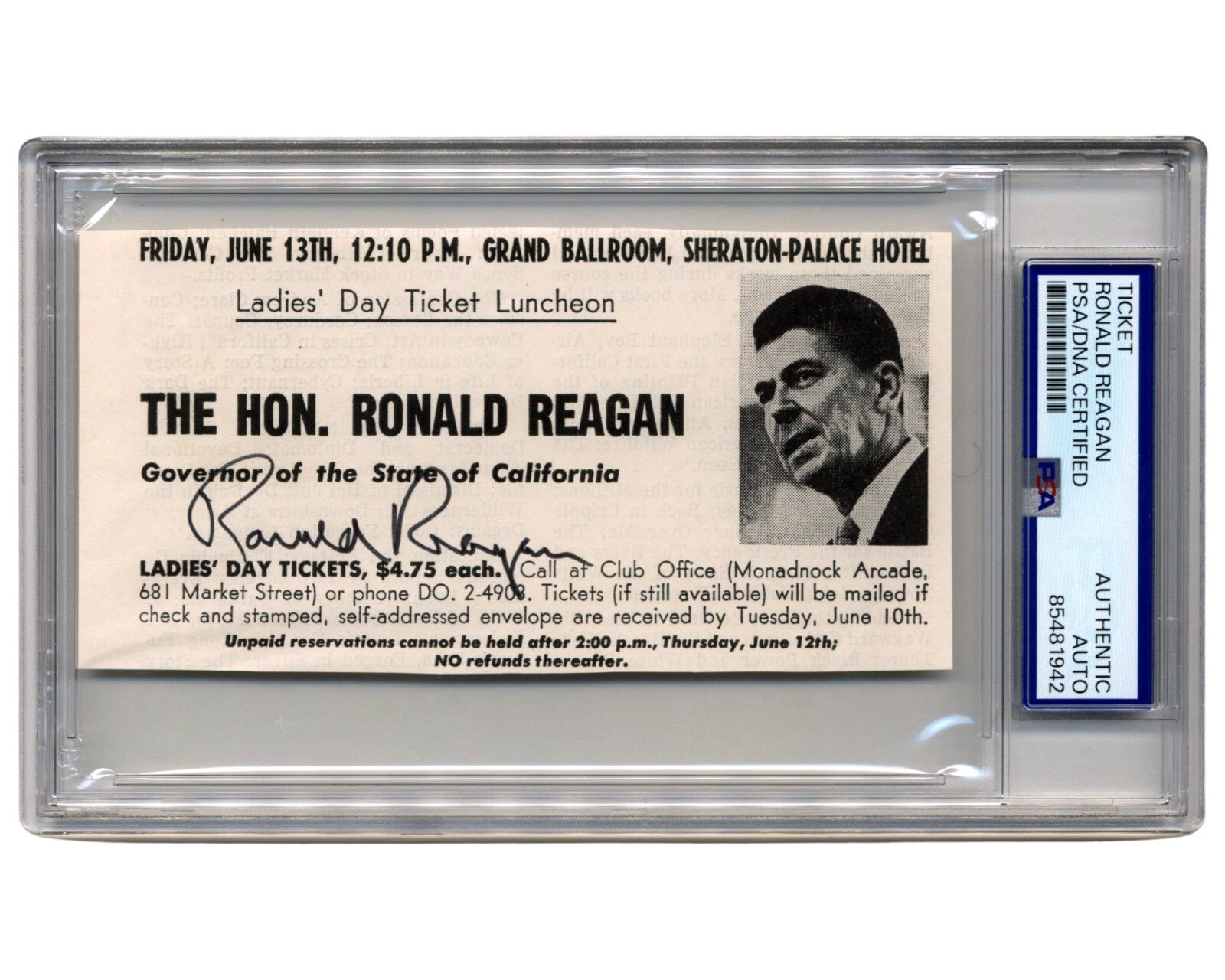 President Ronald Reagan Signed Ladies Day Luncheon Ticket PSA Auto