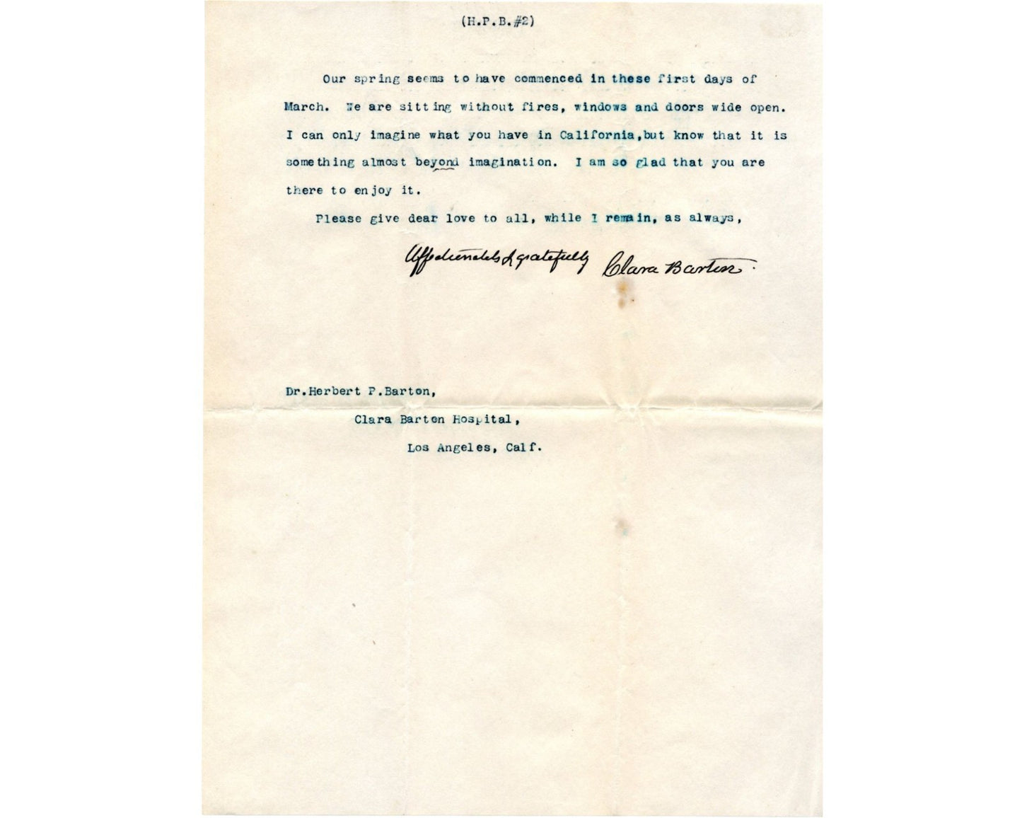 Clara Barton Signed Letter on Caring for Loved One in Final Years PSA Bold Auto