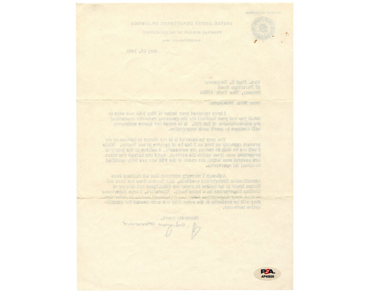 Bydir Letter FBI Dir J. Edgar Hoover Signed Letter on Civilian Fingerprinting & Suc ...