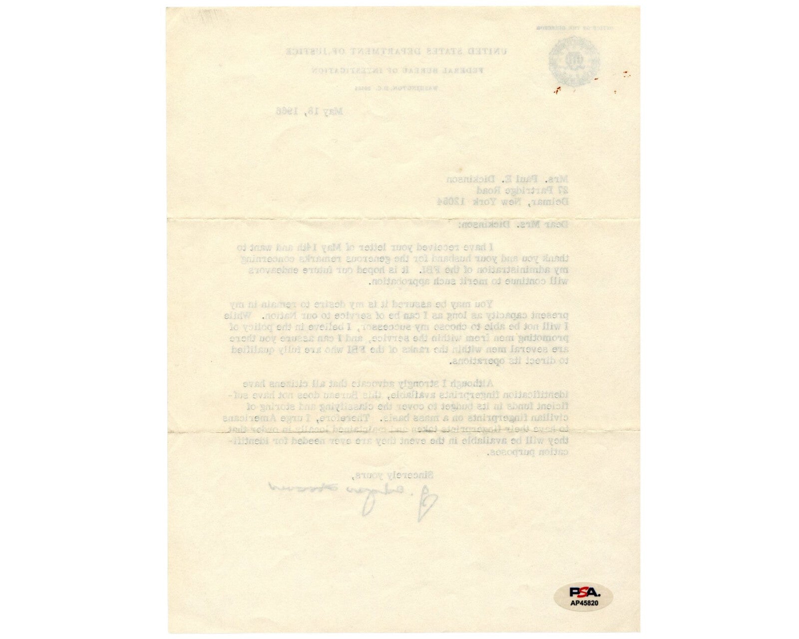 FBI Dir J. Edgar Hoover Signed Letter on Civilian Fingerprinting & Successor PSA