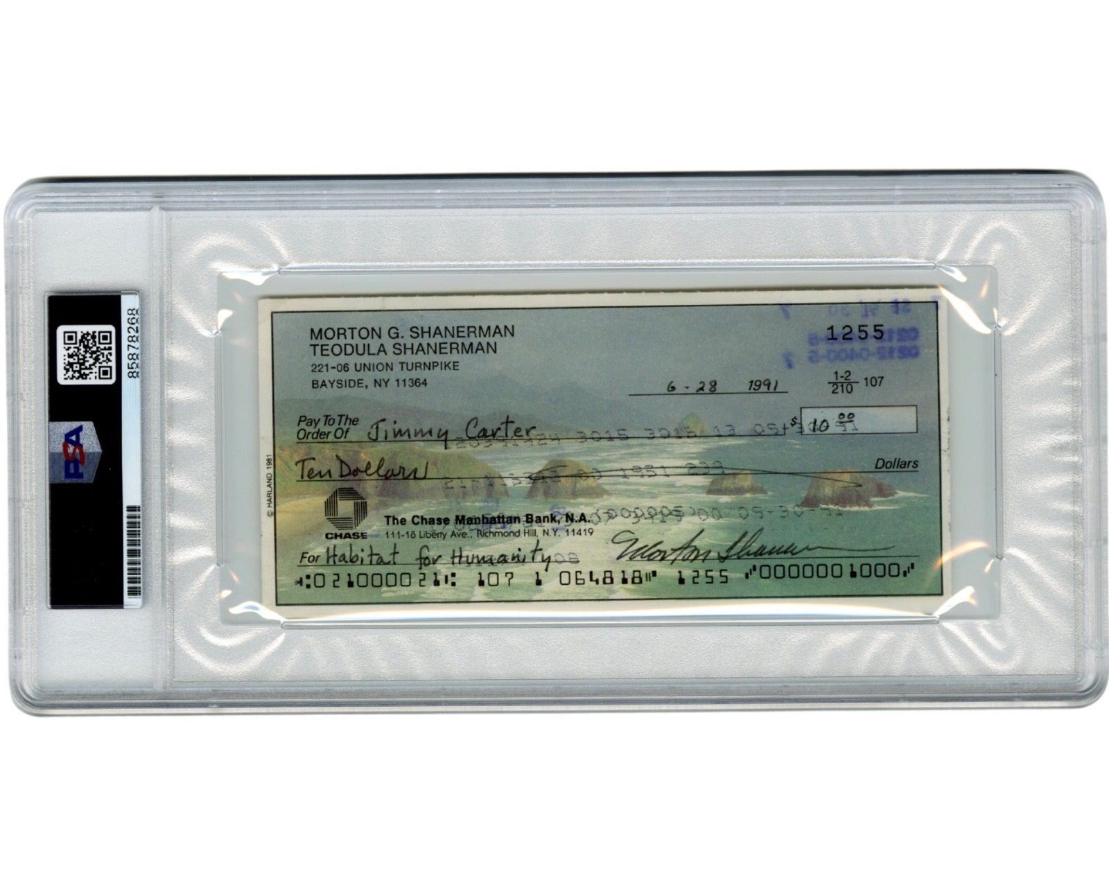 President Jimmy Carter Signed Habitat for Humanity Check - Unique! PSA Auto