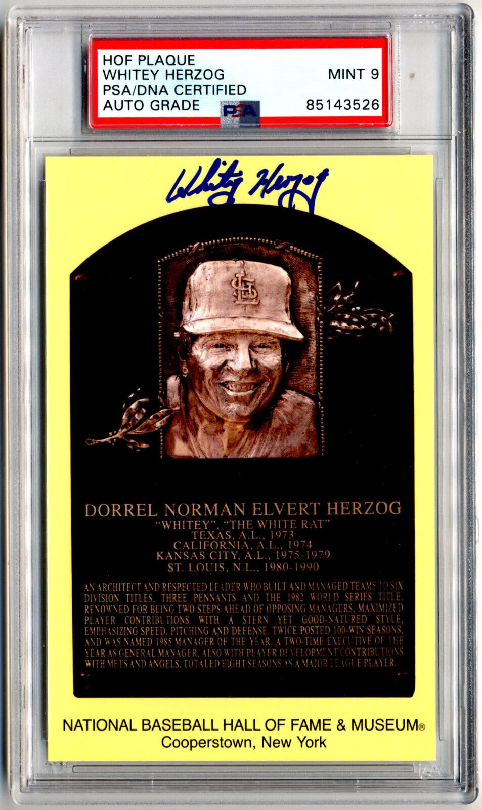 Whitey Herzog Signed HOF Post Card PSA Mint 9 Auto