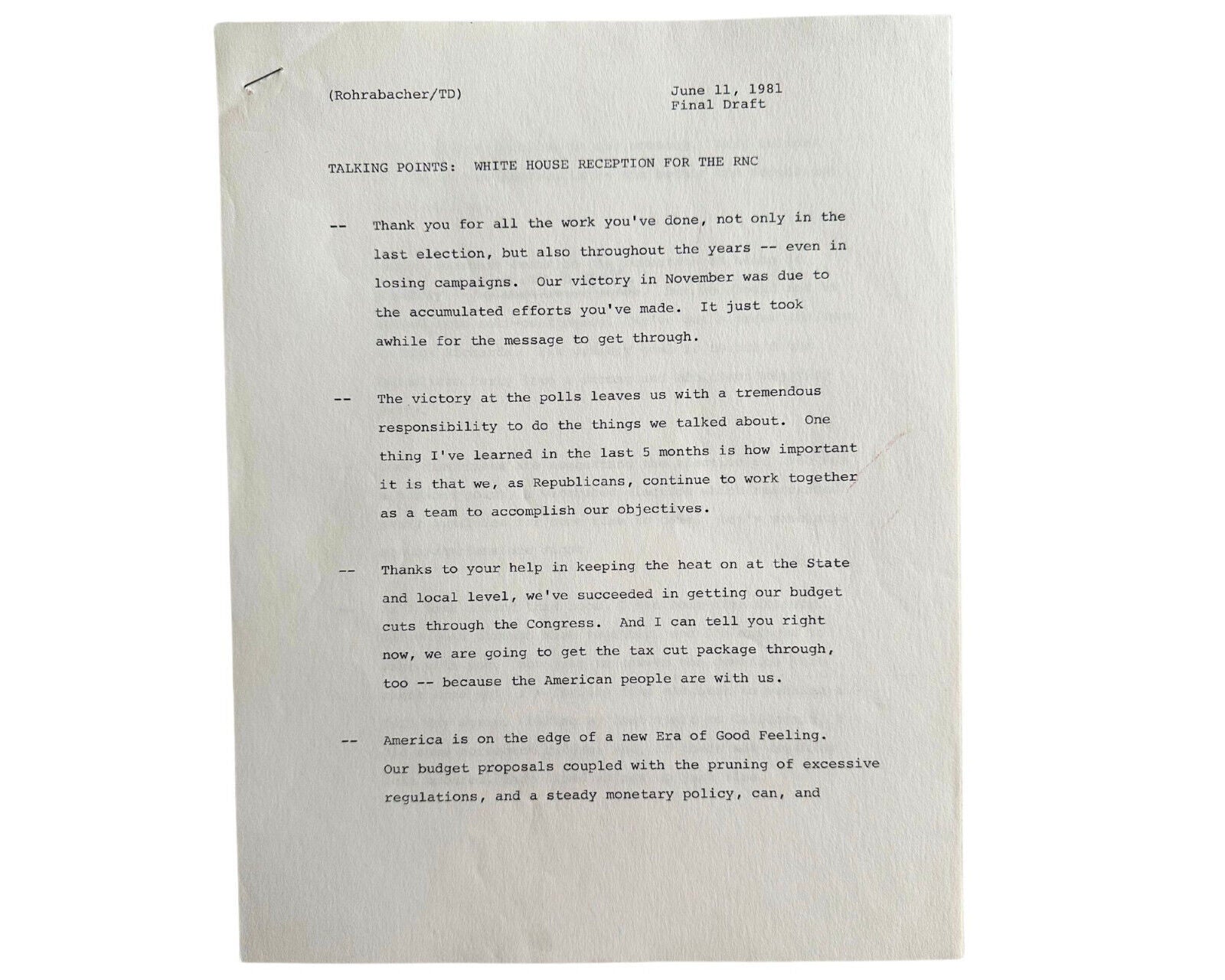 President Ronald Reagan's Hand Edited Speech at White House Reception for RNC