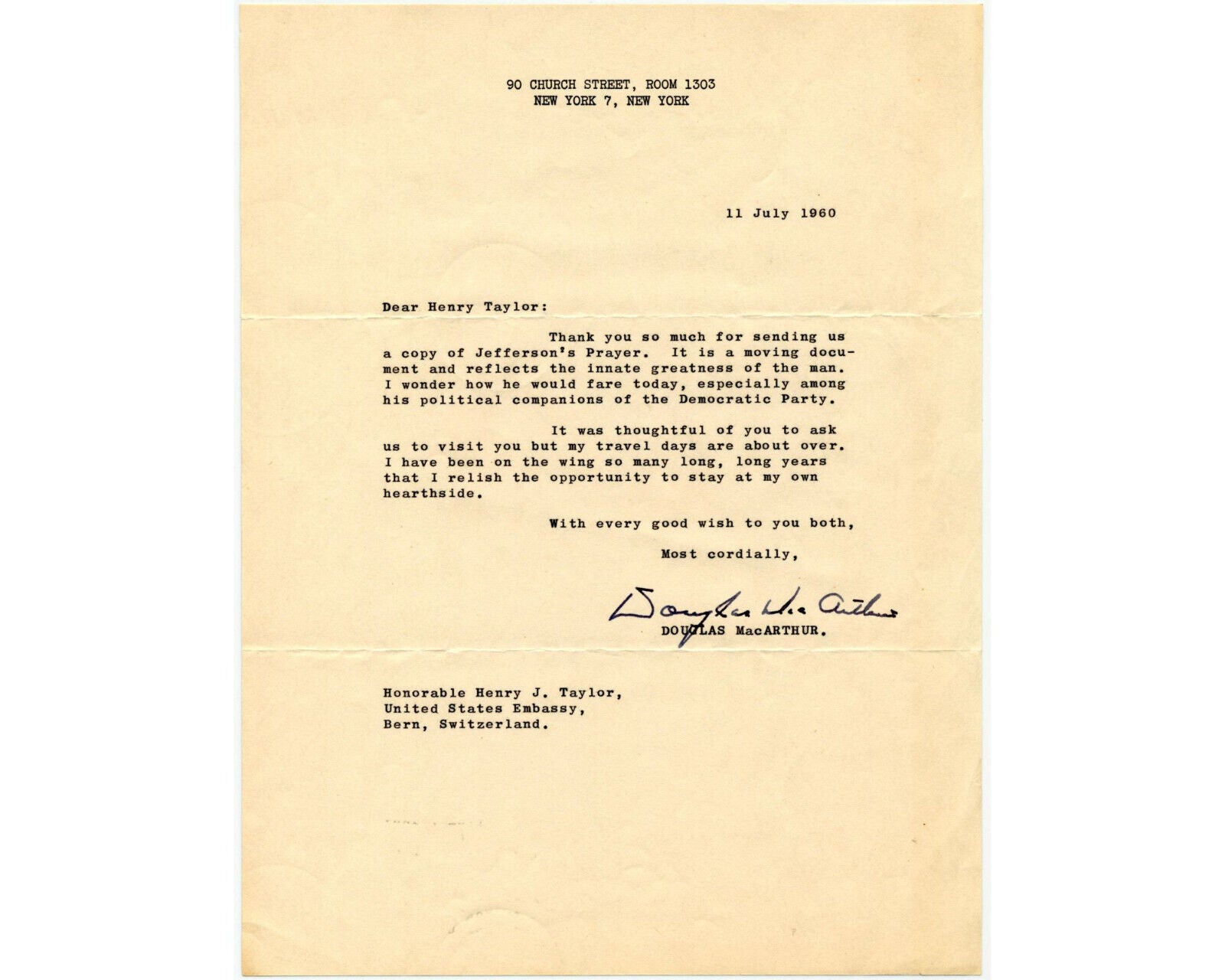 General Douglas MacArthur Signed Letter On T. Jefferson's "Innate Greatness" JSA