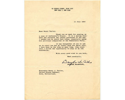 General Douglas MacArthur Signed Letter On T. Jefferson's "Innate Greatness" JSA