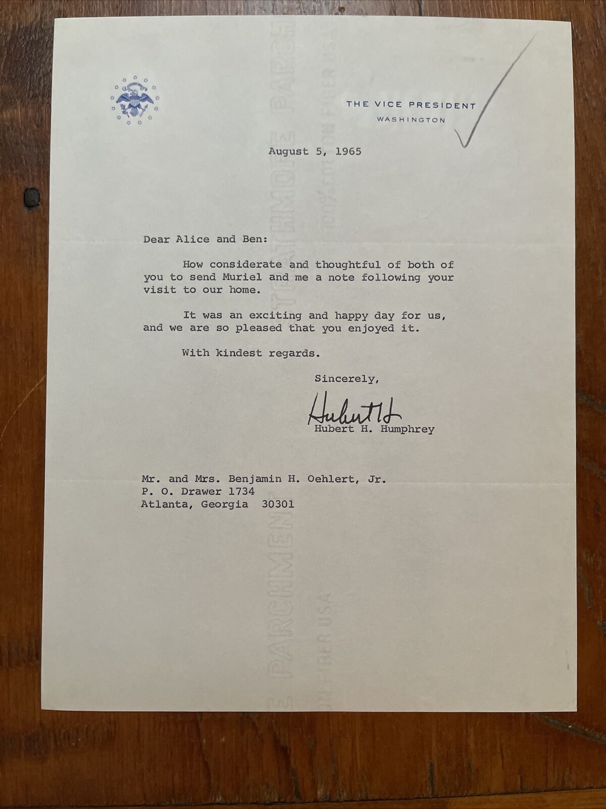 Hubert Humphrey Signed Letter Autographed AUTO PSA Vice President Stationary