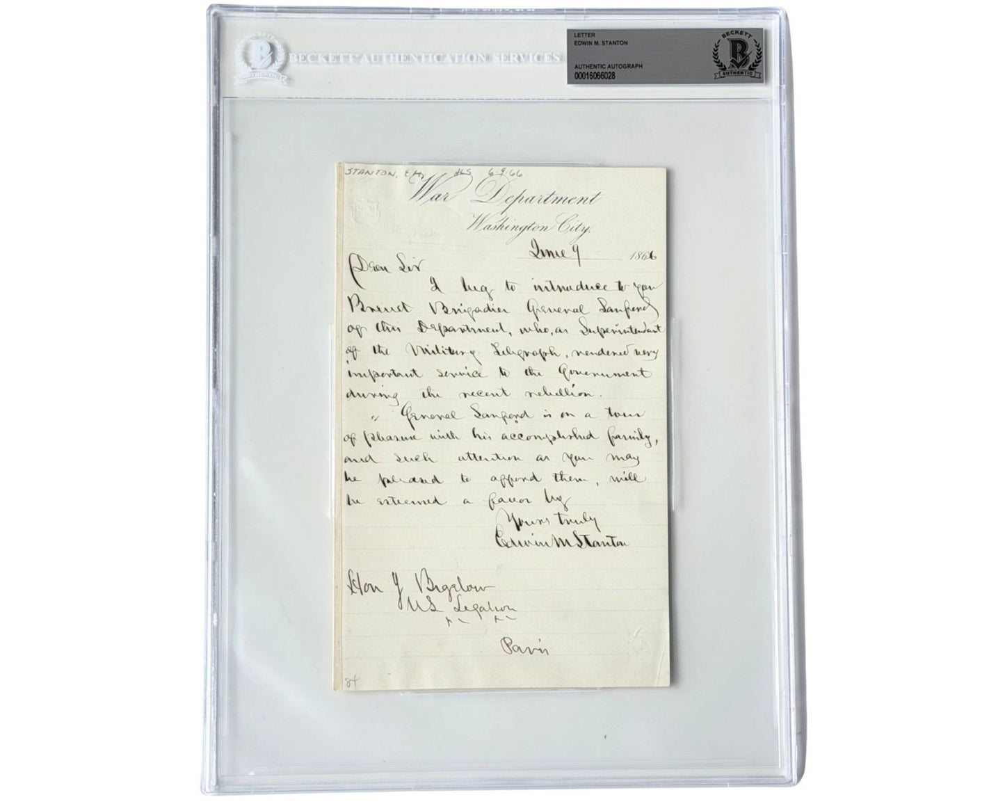 Sec. Of War Edwin Stanton Signed Letter on Service During "Recent Rebellion" BAS